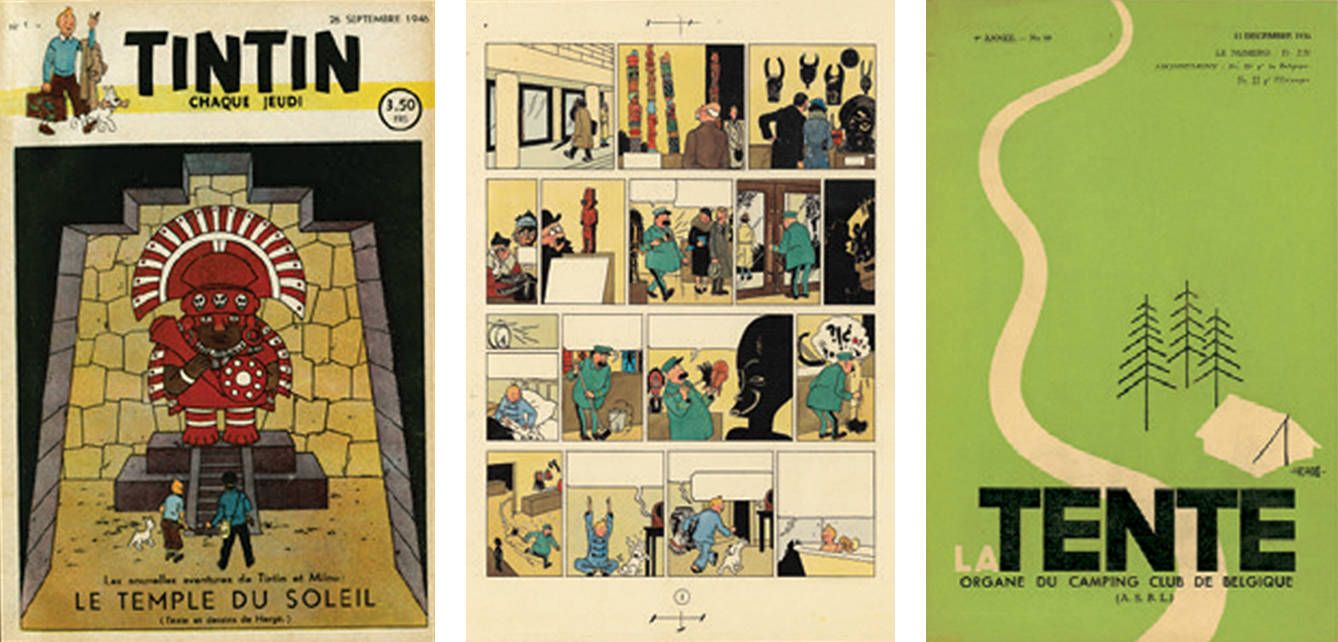 Cubierta de La Tente, de Hergé, e imágenes de Tintín.