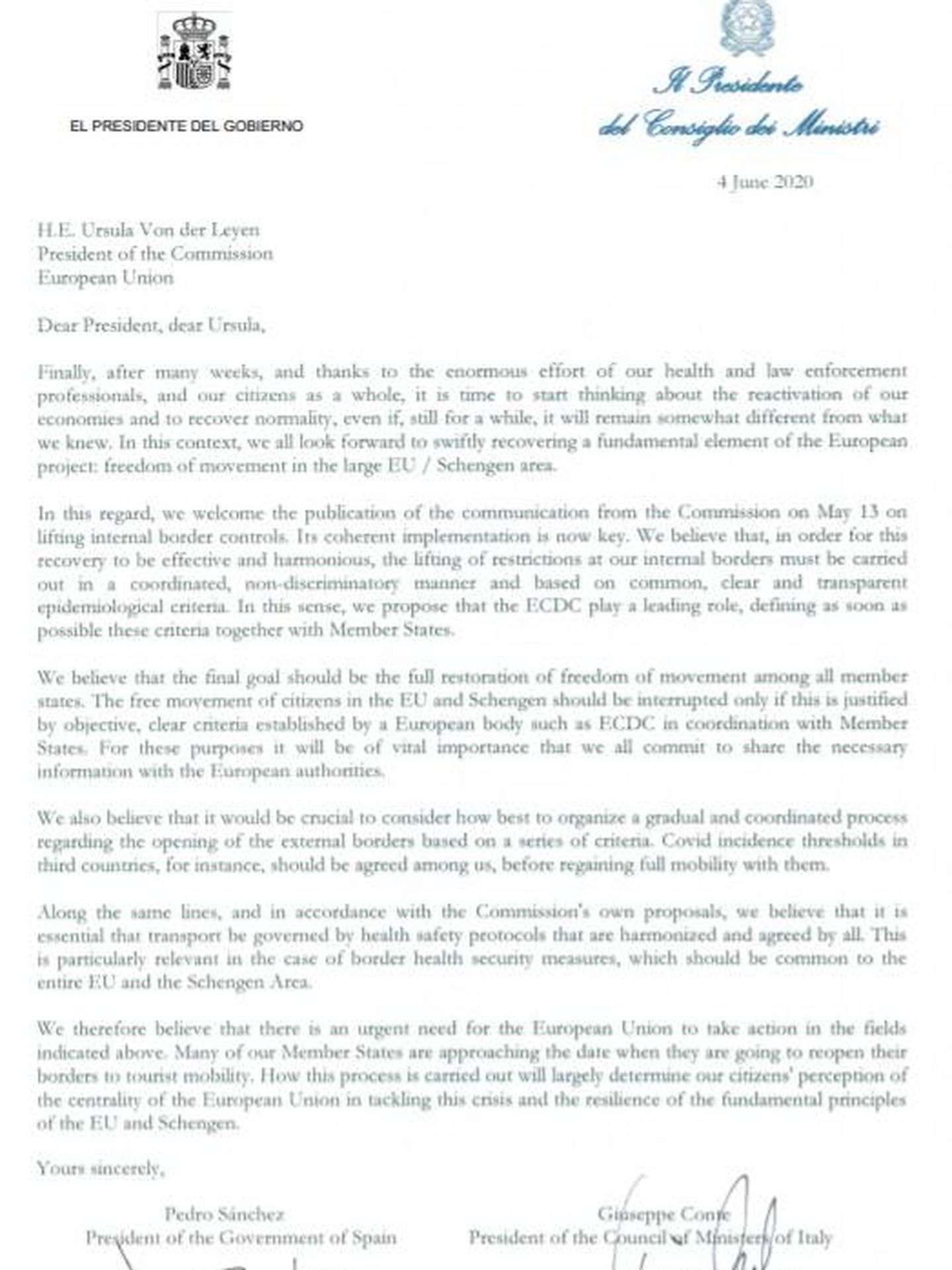 Consulte aquí en PDF la carta remitida a Ursula von der Leyen por Pedro Sánchez y Giuseppe Conte. 