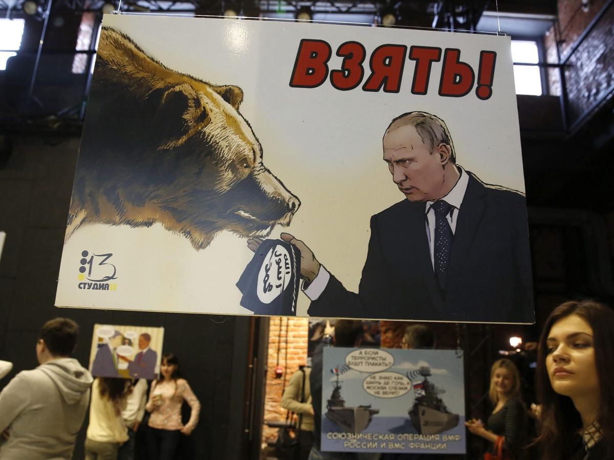 Foto: Caricatura de Putin y un oso. (EFE/Sergei Ilnitsky)