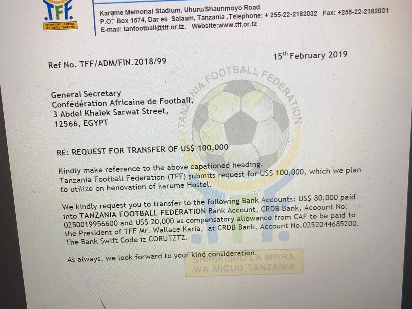 Carta en la que el secretario general de la Federación de Tanzania reclama al de la CAF el pago de los 100.000 dólares prometidos por Ahmad para ayudas a cada federación africana. Una parte, 20.000, son para el presidente de cada federación como gratificación por ayudarle a llegar al cargo. 