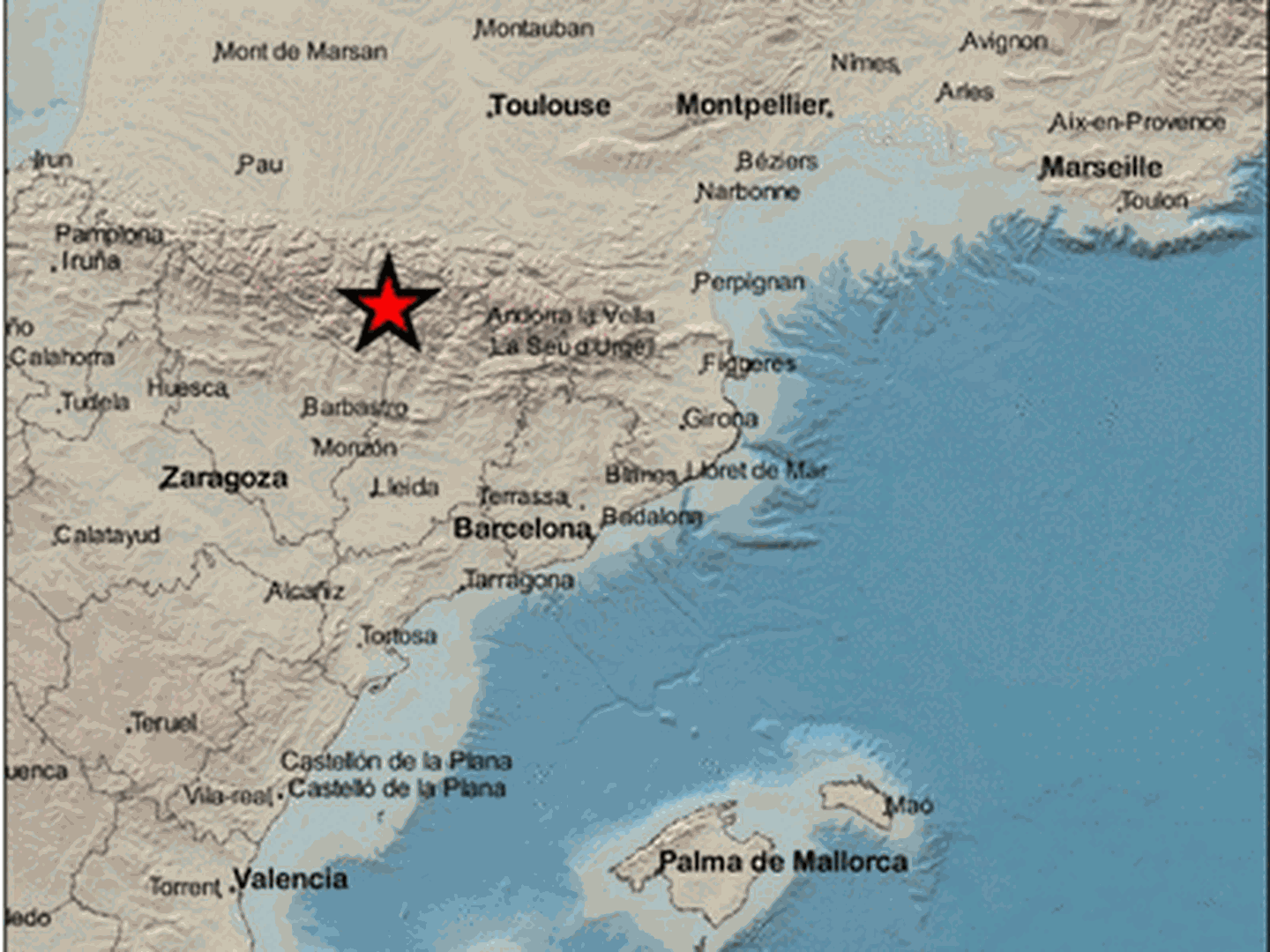 Epicentro del terremoto en las proximidades de Vielha e Mijaran. (IGN)