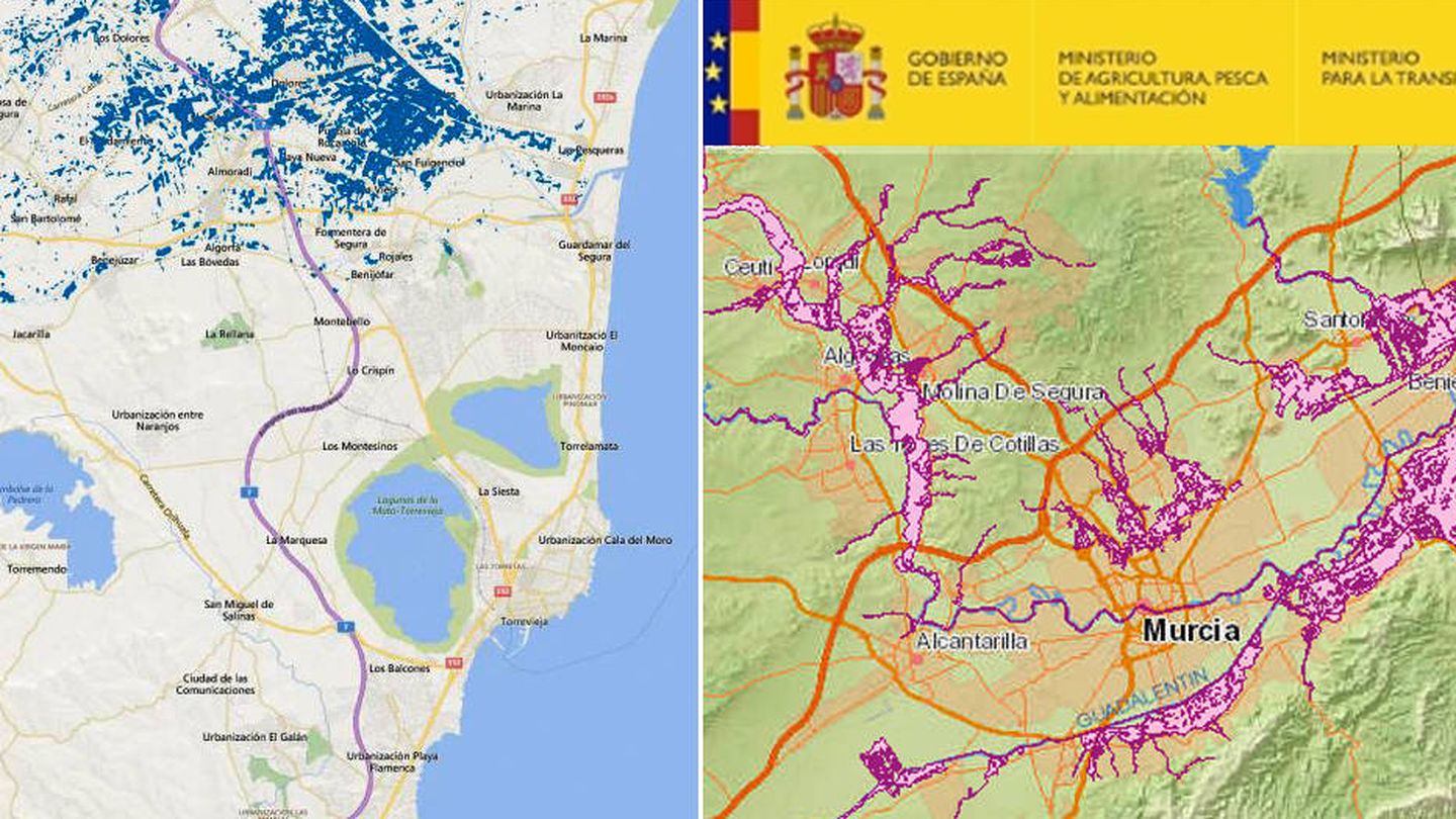 A la izquierda, el mapa después de las lluvias torrenciales en el sureste de España, y a la derecha, el mapa elaborado por el Gobierno con los riesgos de inundaciones a 50 años. (EC/Gobierno de España)