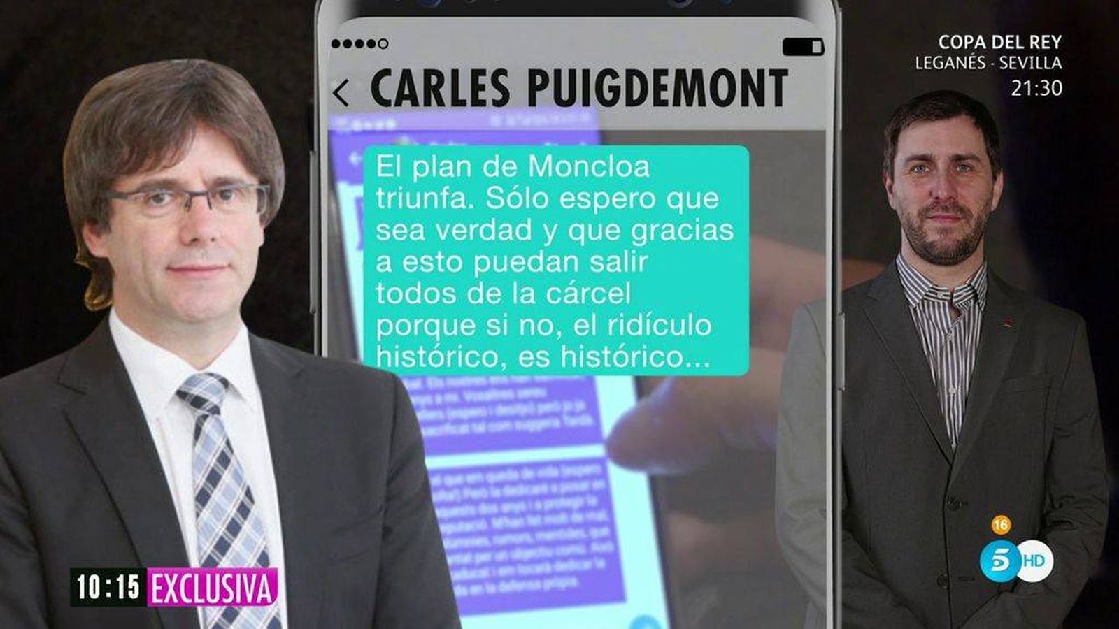 Foto: Montaje realizado por el Programa de Ana Rosa de la conversación entre Puigdemont y Comín. (Telecinco)