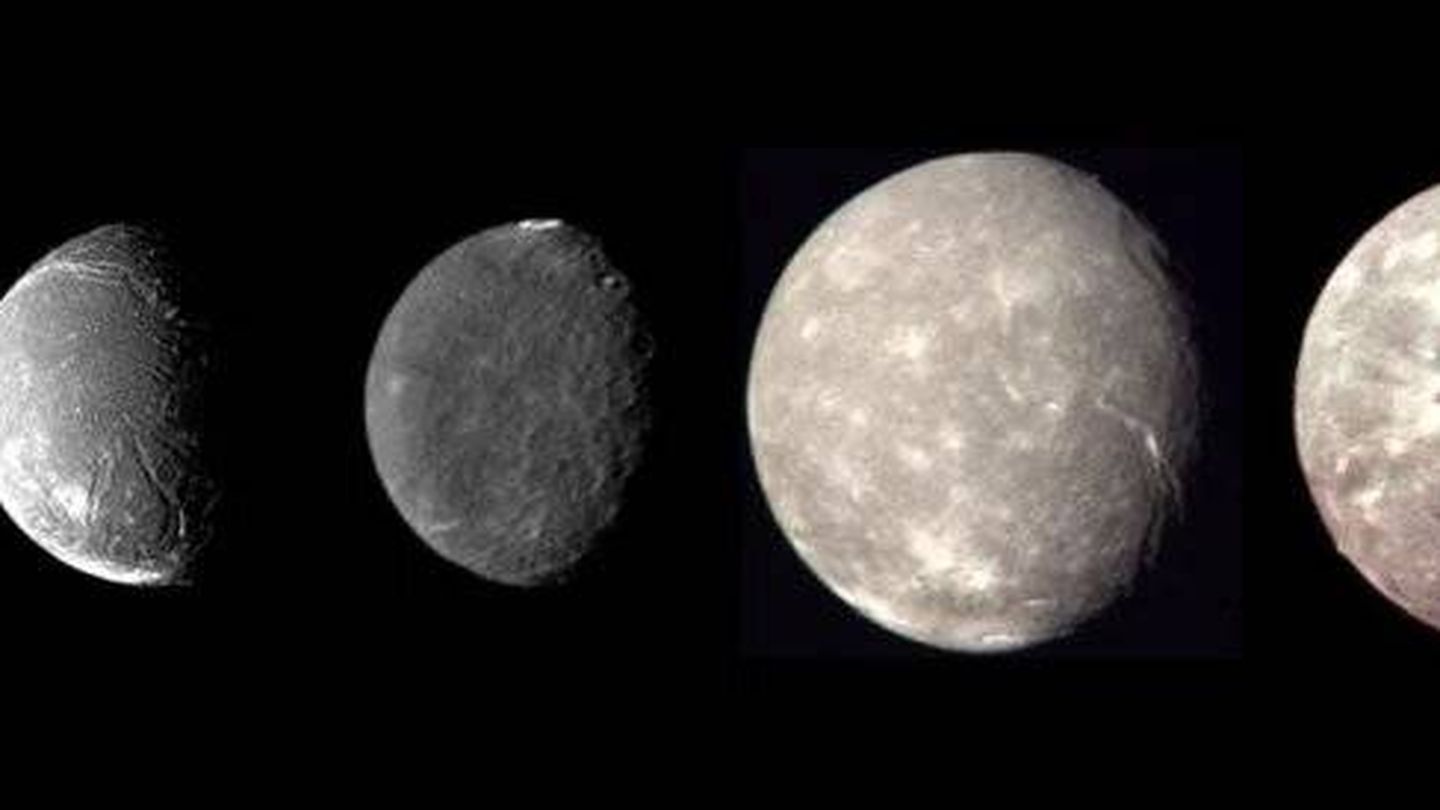 De izquierda a derecha: Miranda, Ariel, Umbriel, Titania y Oberon, fotografiados por el Voyager 2 en 1986. Foto: NASA/JPL/MPIA