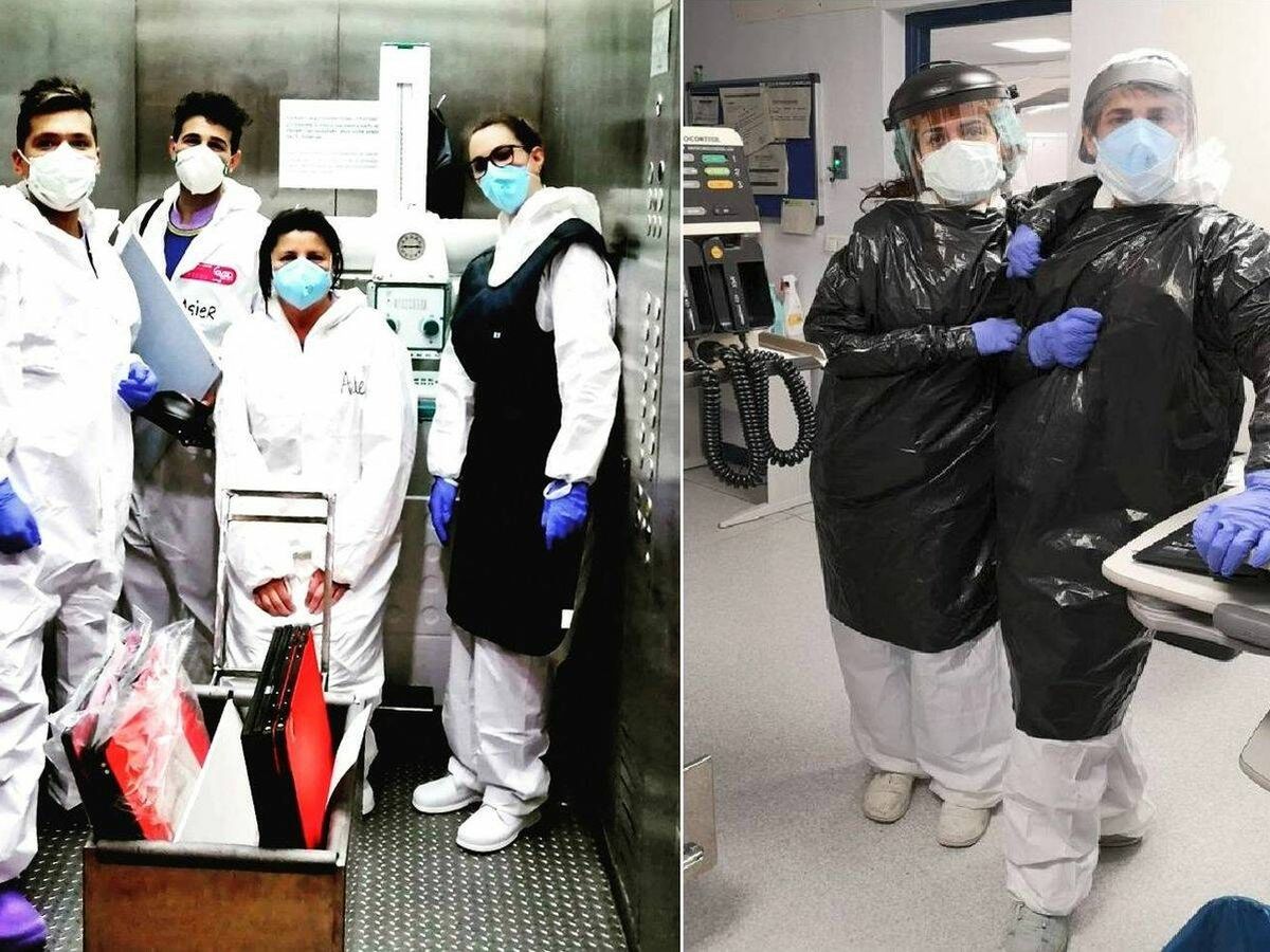 Foto: Técnicos en radiología en el hospital de Albacete, dos de ellas ataviadas con una protección hecha de bolsas de basura. (Cedidas)