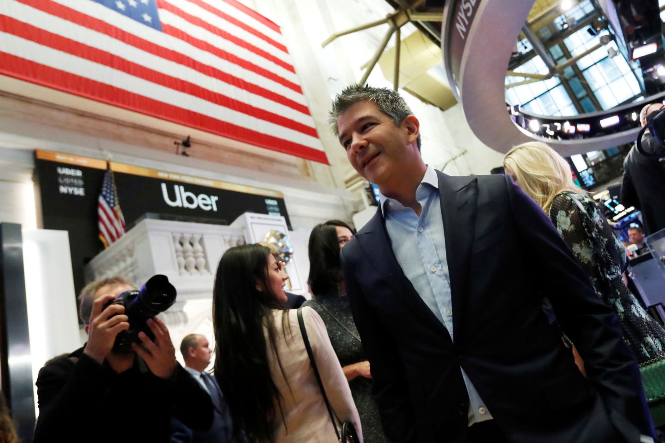 Travis Kalanick, en la bolsa de Nueva York durante la salida a bolsa de Uber. (Reuters)
