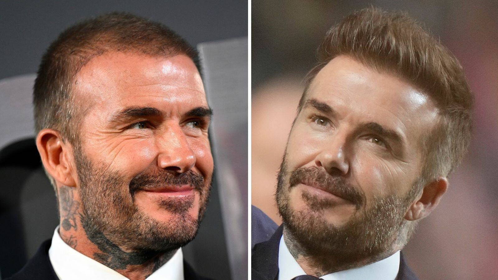 David Beckham en octubre de 2023 frente a David Beckham en febrero de 2024. (Getty/Gareth Cattermole/Fred Lee)
