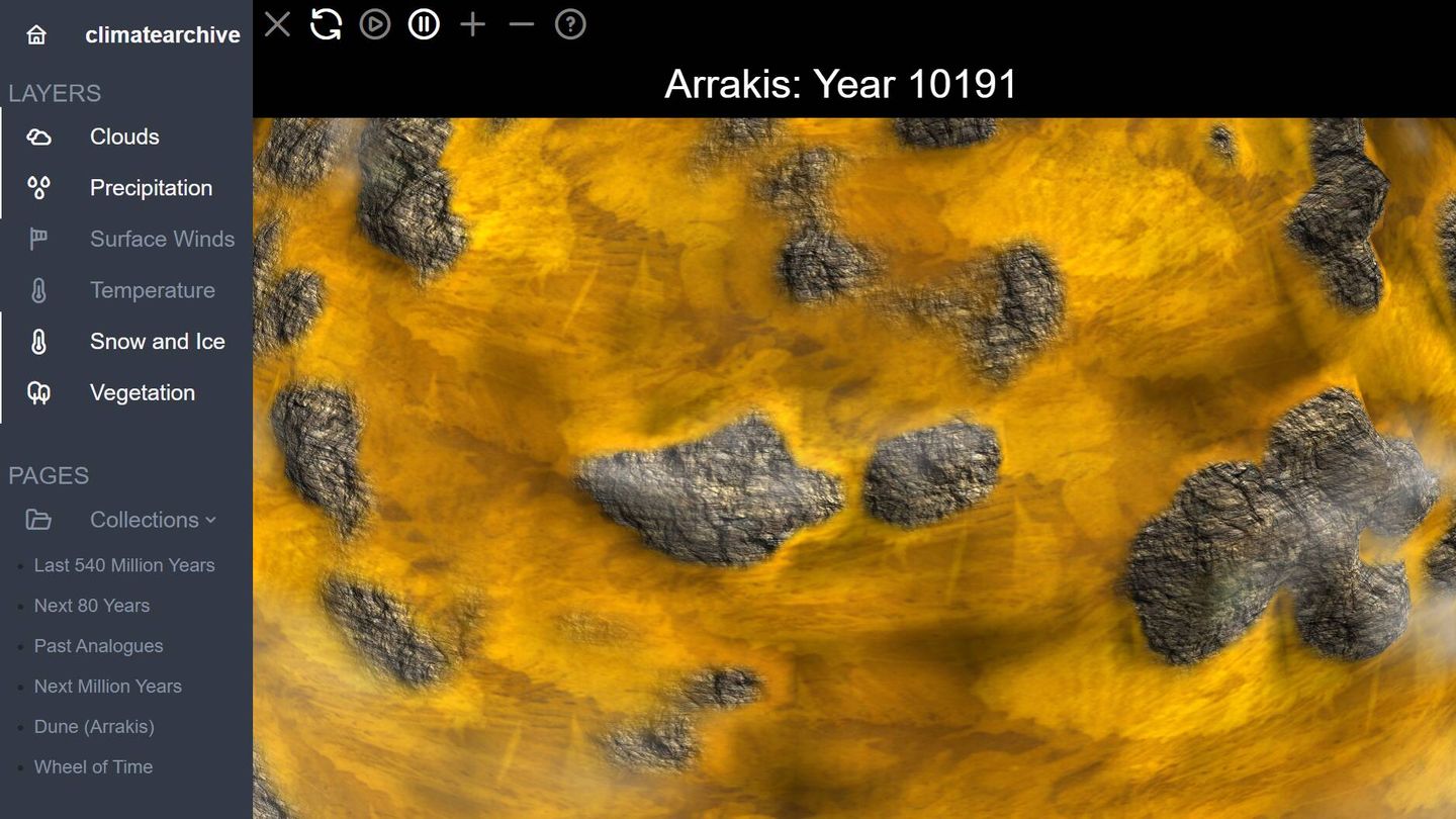 Modelo climático de Arrakis en un programa de simulación. (Alex Farnsworth, Michael Farnsworth y Sebastian Steinig)