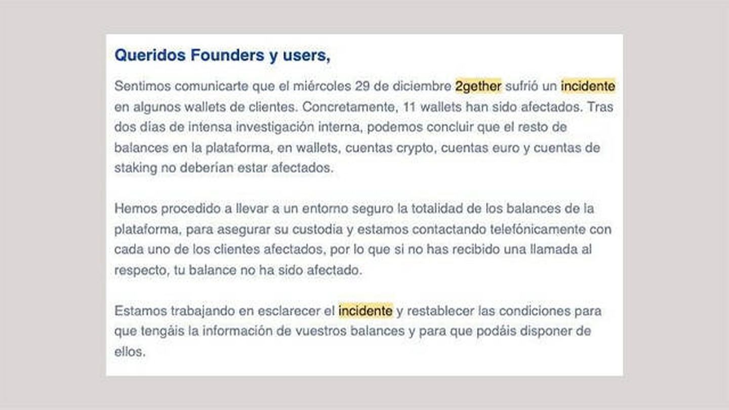 Pinche para leer el 'e-mail' enviado por el CEO de 2gether, Ramón Ferraz, el 31 diciembre tras el segundo robo de criptomonedas. (EC)