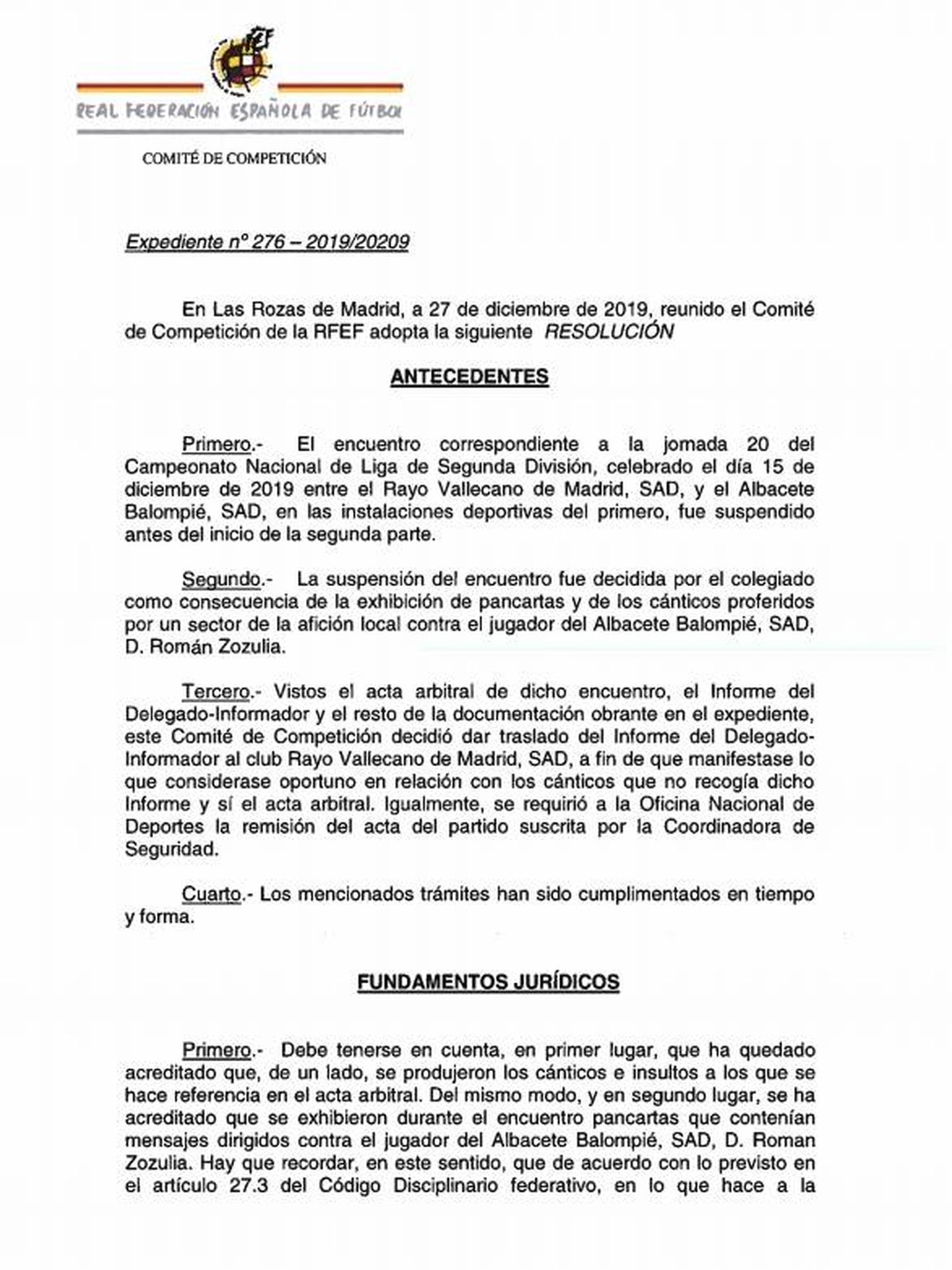 Pincha para leer la resolución del Comité de Competición de la RFEF sobre el Rayo Vallecano-Albacete.
