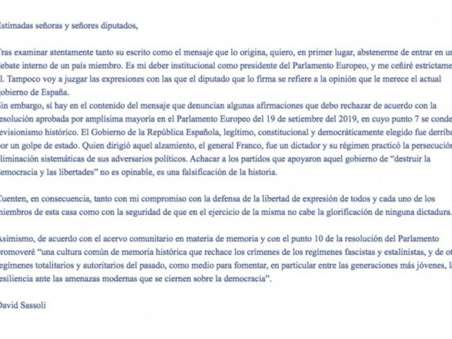 La carta de Sassoli, compartida por la eurodiputada Izaskun Bilbao. 