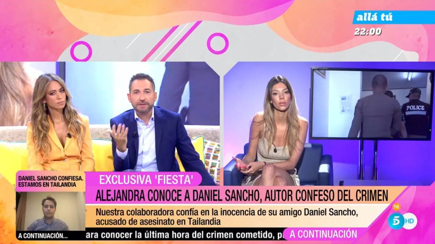 Alejandra Rubio junto a los presentadores Frank Blanco y María Verdoy en 'Fiesta'. (Mediaset)