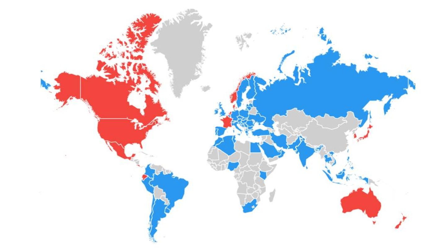 Liderazgo en las búsquedas web entre Airbnb (rojo) y Booking (azul). (Google Trends)