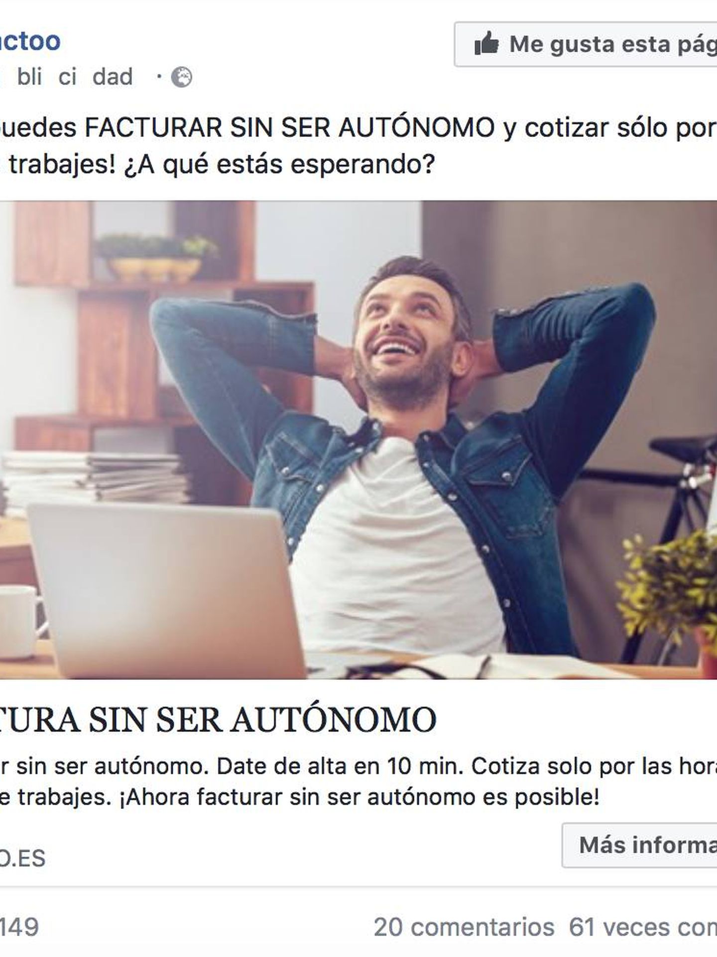 Uno de los anuncios en Facebook de Factoo ofreciéndose como reclamo para 'facturar sin ser autónomo'.