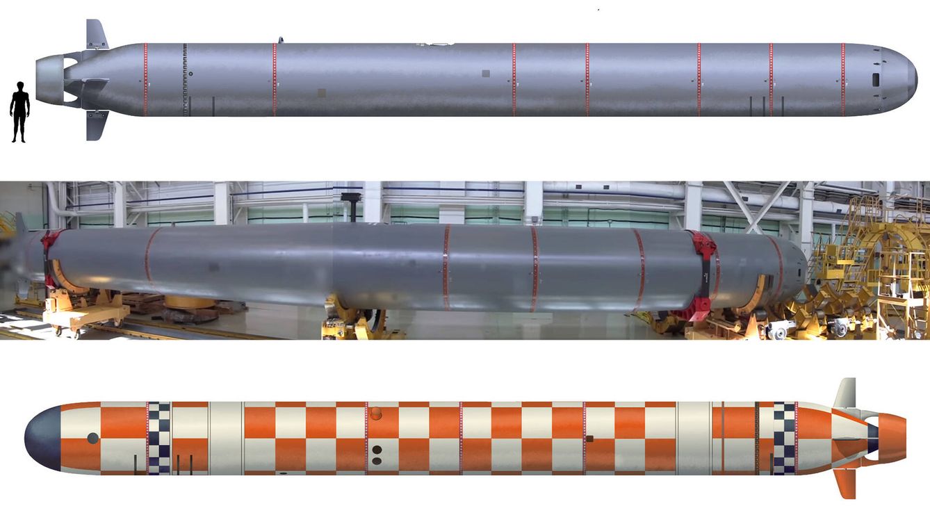 De arriba a abajo: ilustración a escala del torpedo Poseidón, fotografía del torpedo terminado, ilustración del Poseidón de prueba. (HI Sutton)