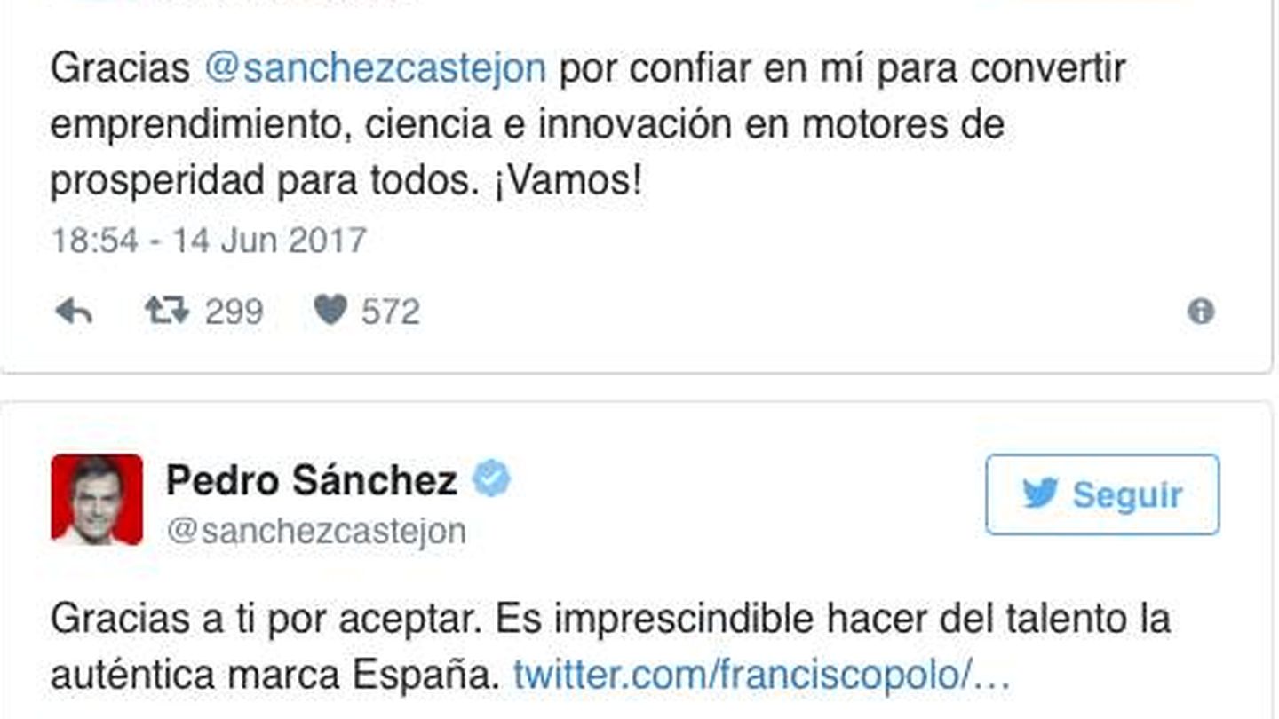 Intercambio de felicitaciones entre Polo y Sánchez. (Twitter)