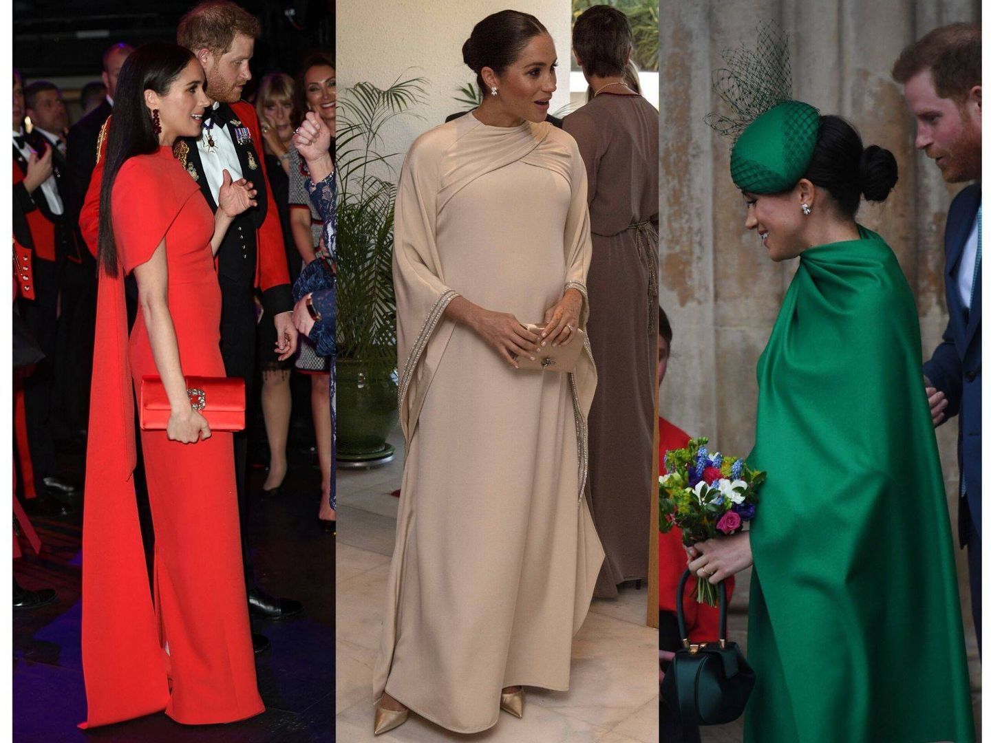 Meghan y algunos de sus vestidos con capa. (Getty/Reuters)