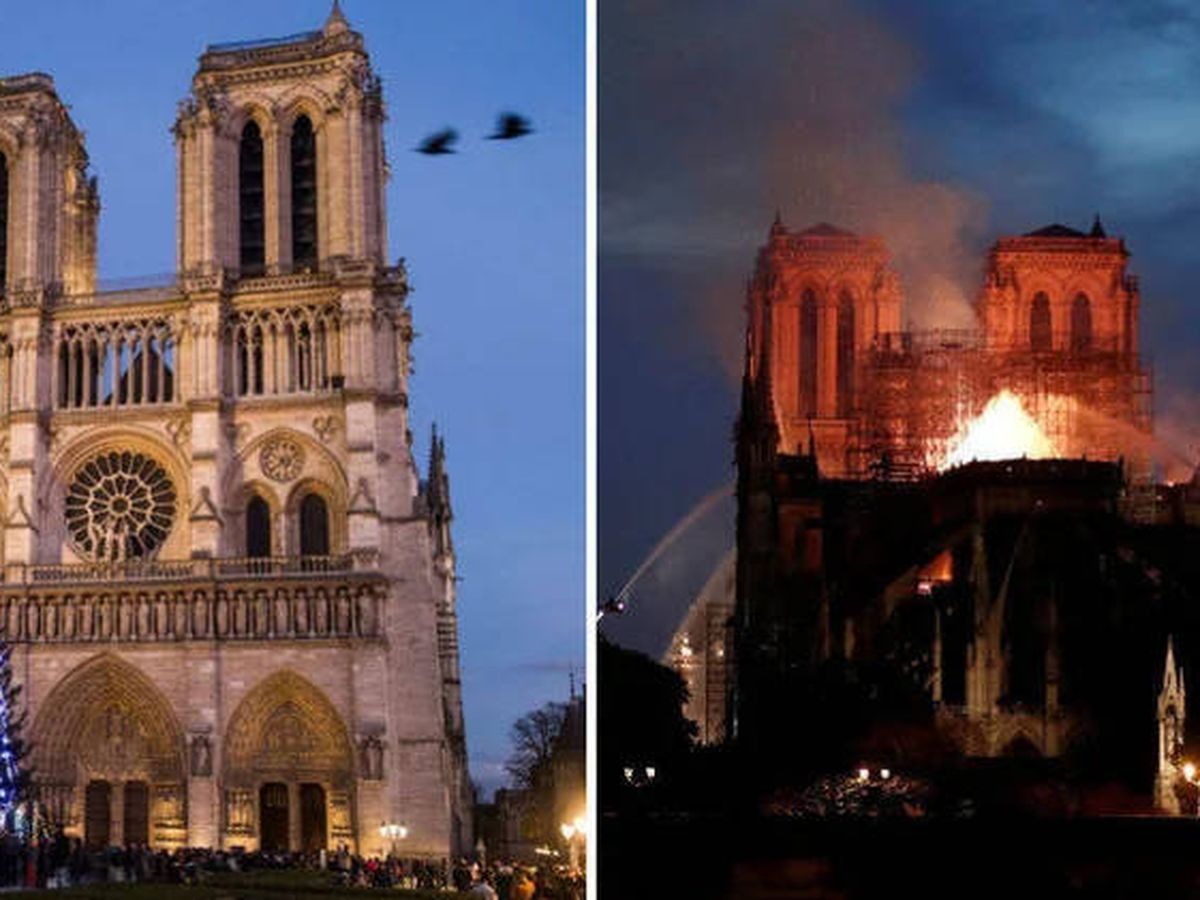 Foto: Notre-Dame, antes y después del fuego del pasado abril.