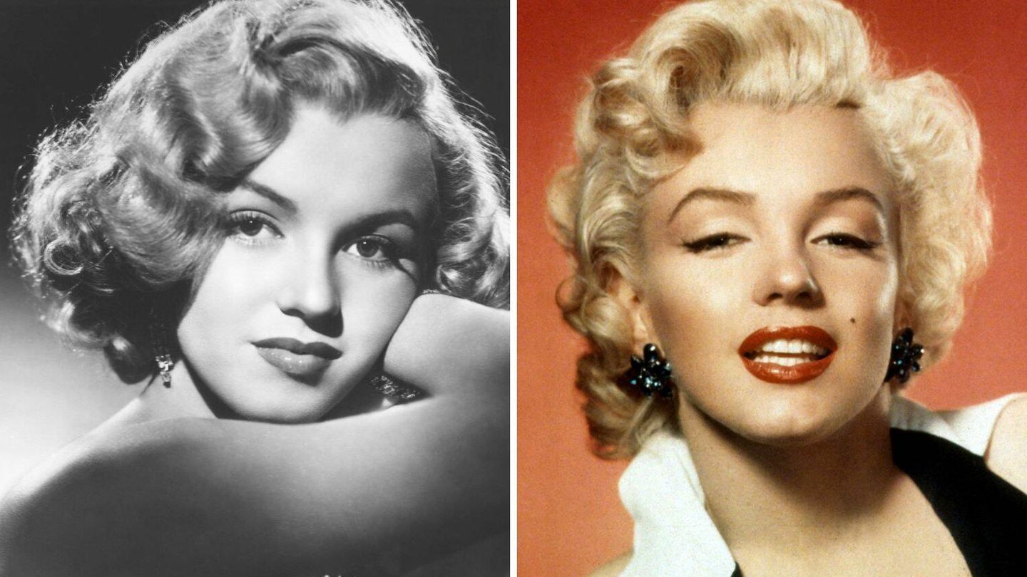 Una Marilyn Monroe sin retoques (nariz, barbilla) para 'Eva al desnudo' en 1950, posando sin su característa gesticulación, frente a la Marilyn icónica entre 1954 y 1955. (Cordon Press)