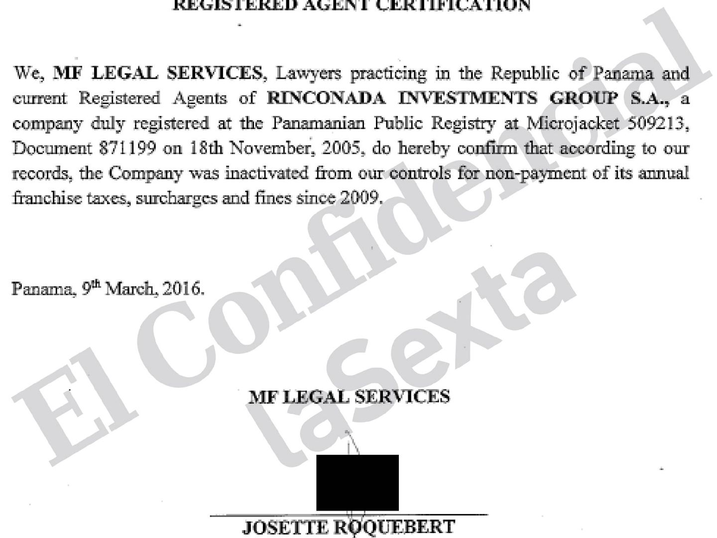 Borrador de certificado sobre Rinconada Investments rechazado por el representante familiar.