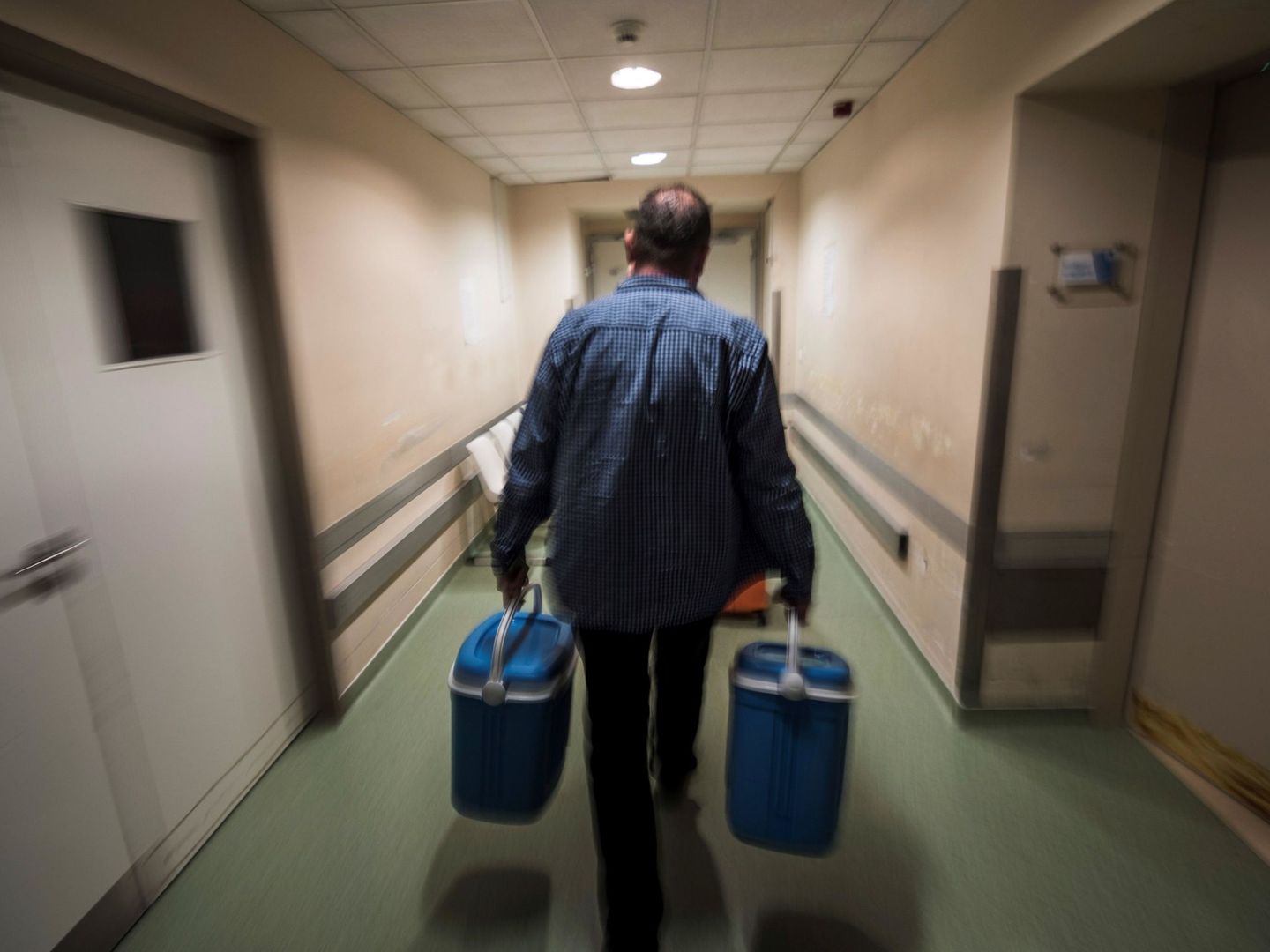 Un trabajador transporta corazones para ser trasplantados en dos neveras. (Reuters)
