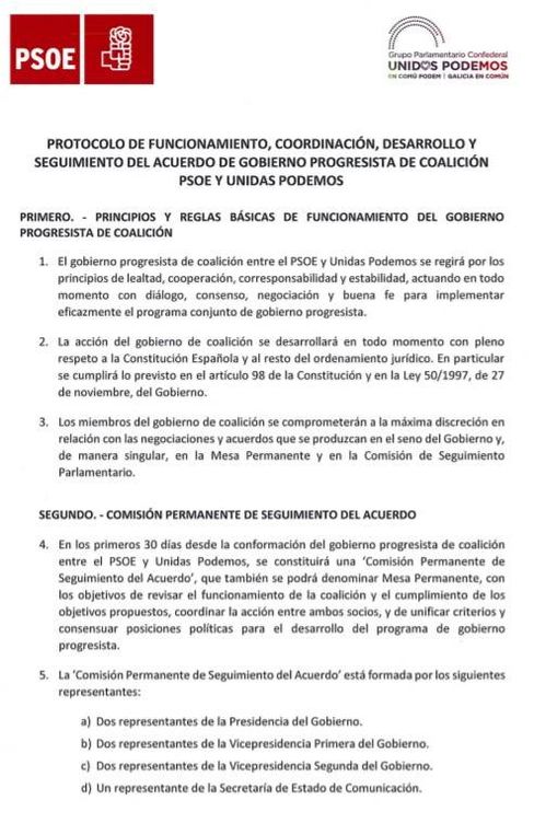 Consulte aquí en PDF el protocolo de coordinación y funcionamiento del acuerdo de Gobierno de coalición de PSOE y Unidas Podemos. 