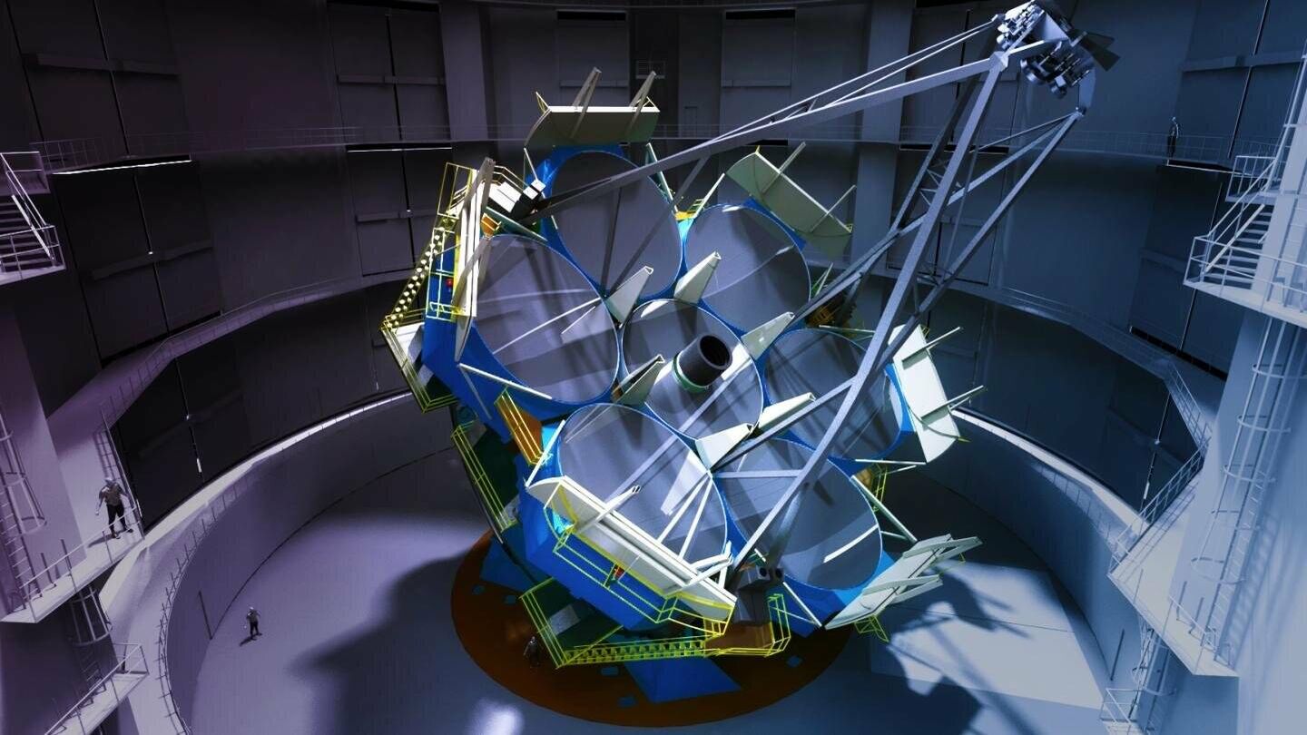 Render del titánico telescopio Great Magellan, actualmente en construcción. (GMTO Corporation)
