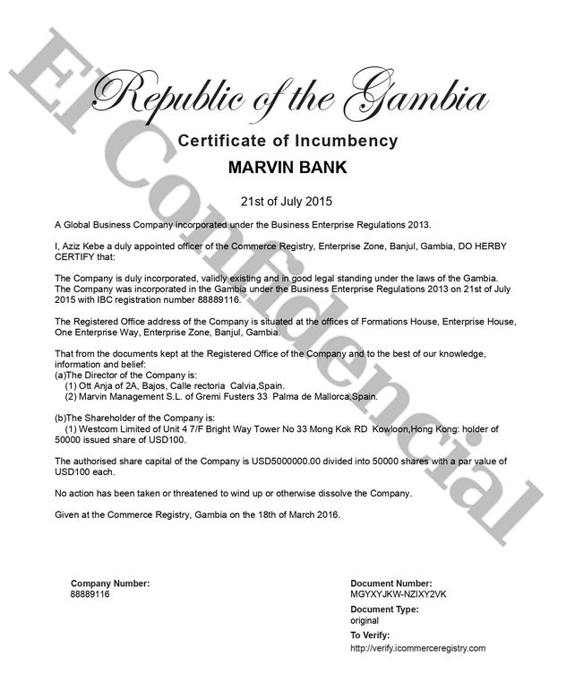 [Certificado de titularidad de Marvin Bank de Gambia]