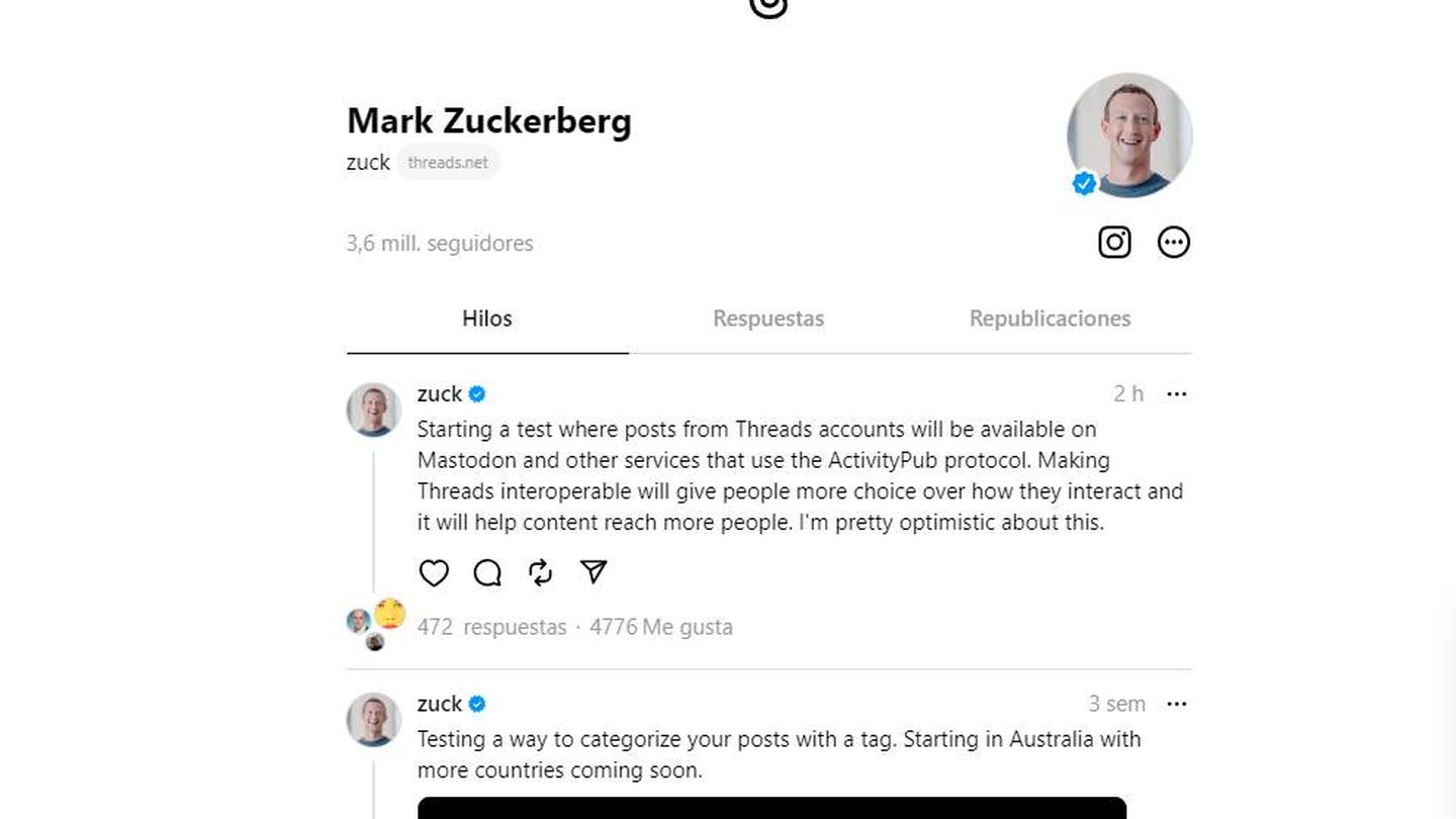 Imagen del perfil de Mark Zuckerberg, presidente de Meta, en Threads (Threads/@zuck)