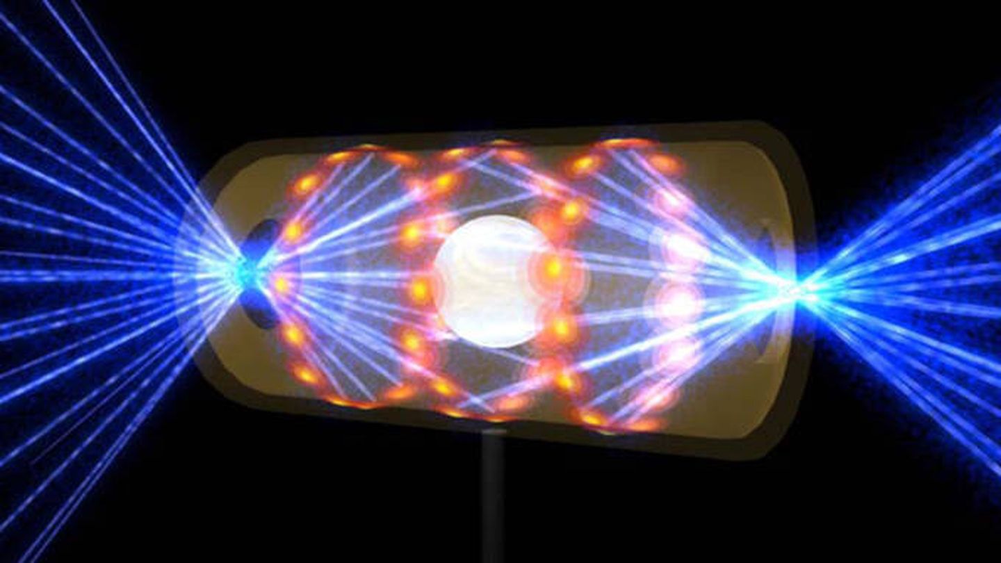 Ilustración de los láseres impactando en la cápsula que contiene el grano de hidrógeno. (NIF)