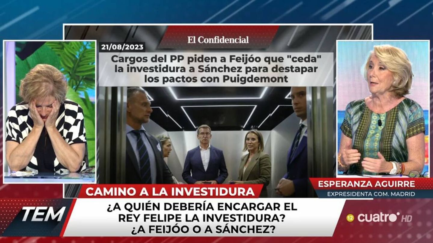 Esperanza Aguirre junto a la periodista Pilar Rahola en 'Todo es mentira'. (Mediaset)