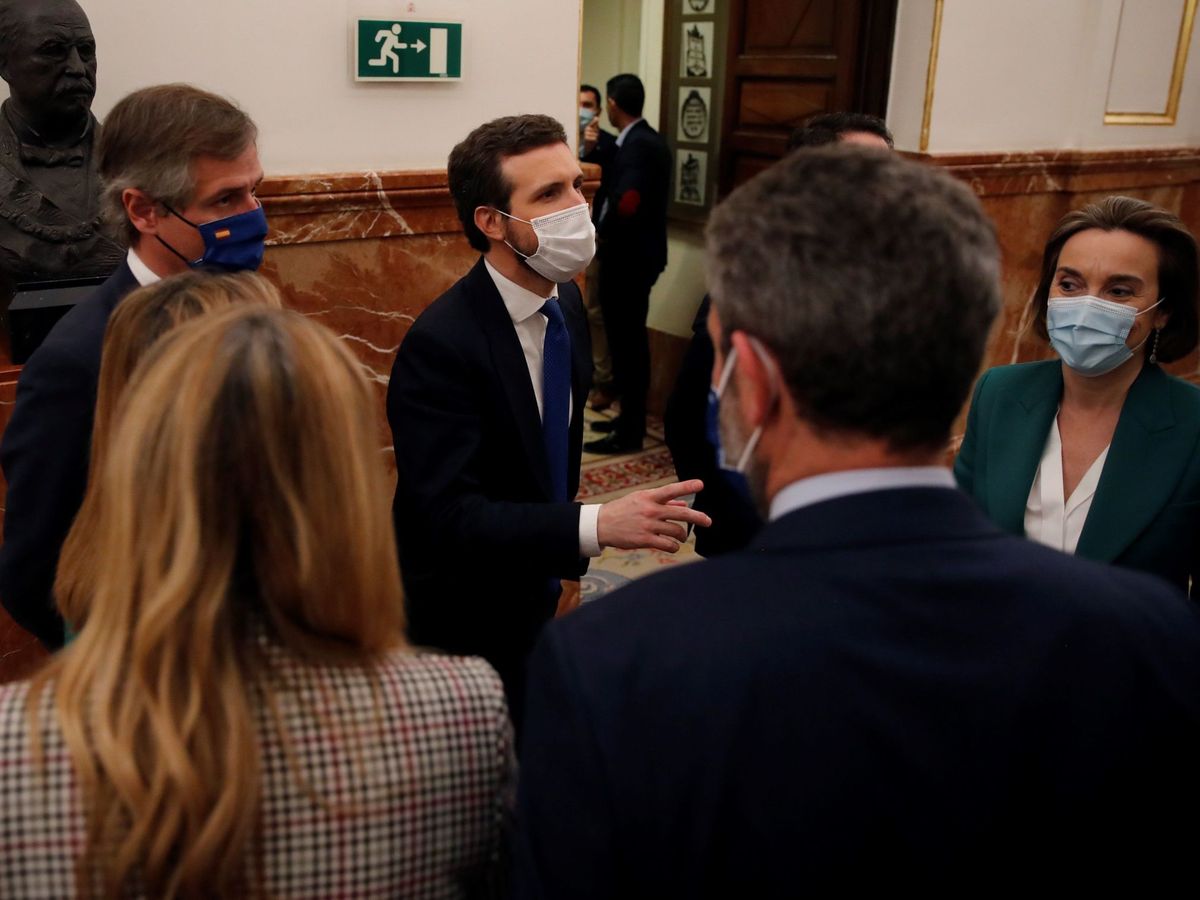 Foto: El líder popular, Pablo Casado (c), conversa con varios de sus diputados en uno de los pasillos del Congreso. (EFE)