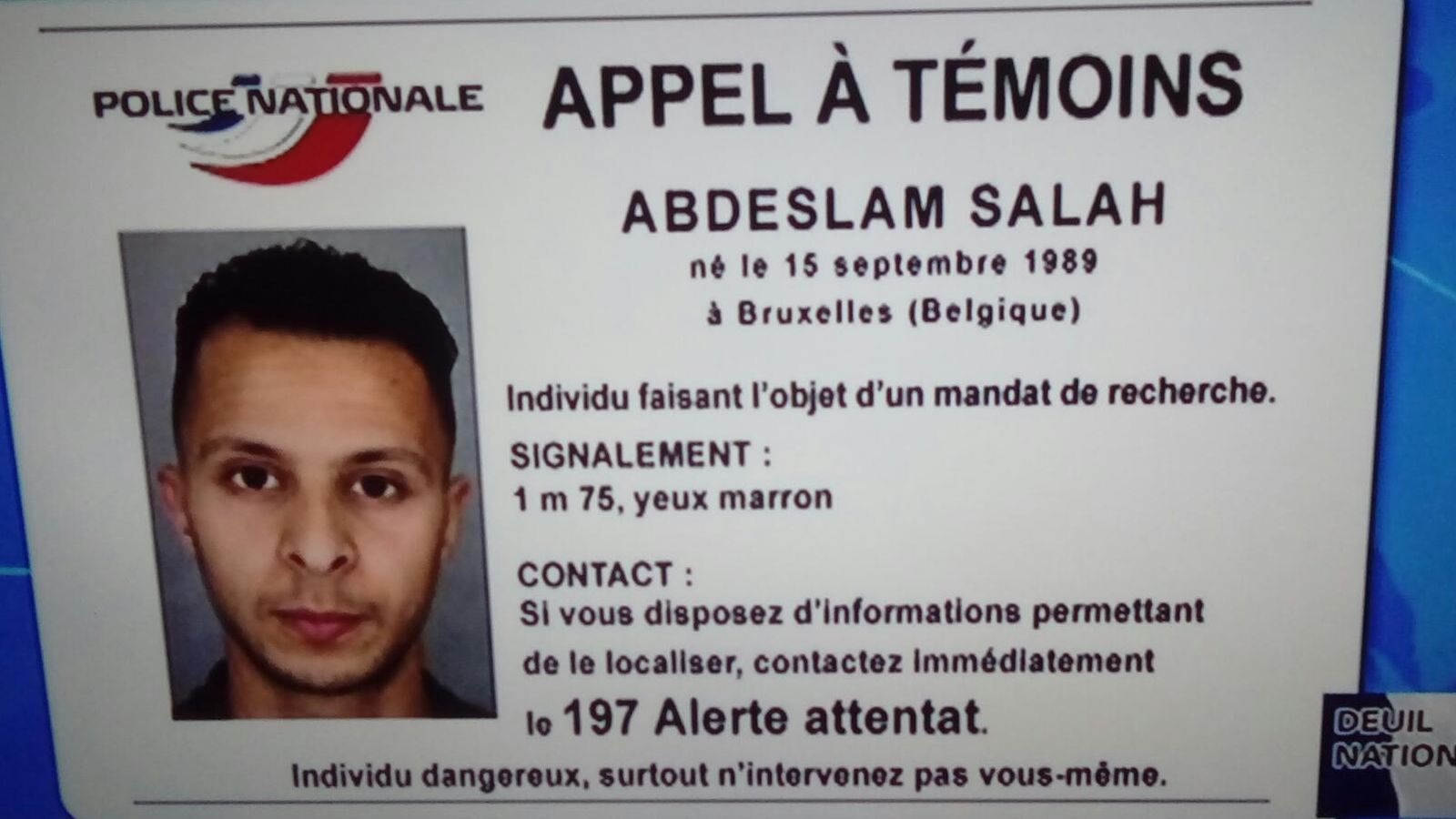 Foto: Orden de búsqueda y captura contra Salah Abdeslam. (EFE)