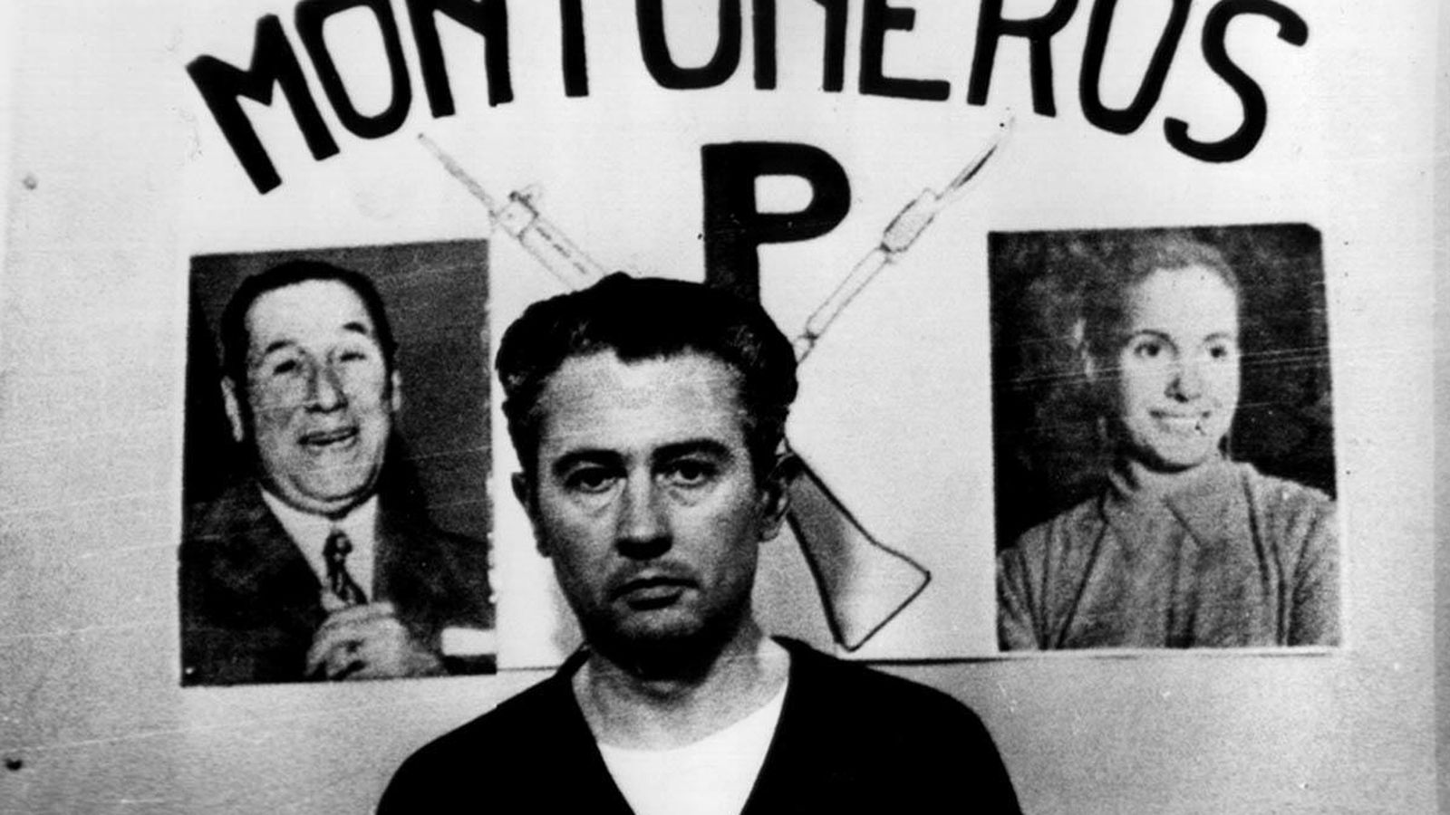 Foto: Juan Born durante su secuestro; de fondo: Perón, Evita y el logo de los montoneros