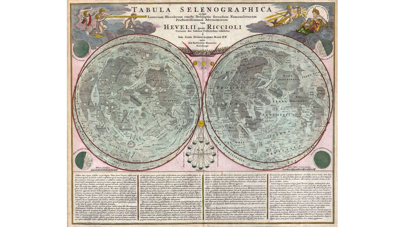 Mapa de la Luna (JB Homann y Johann Gabriel Doppelmayr, 1742). Fuente: Wikipedia.