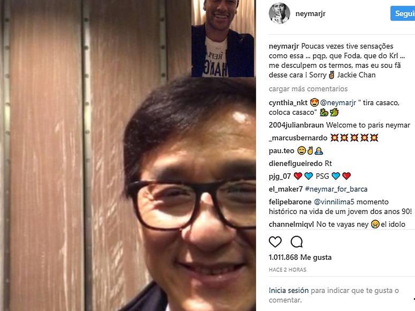Neymar se mostró entusiasmado de compartir unos momentos con Jackie Chan. (Instagram)