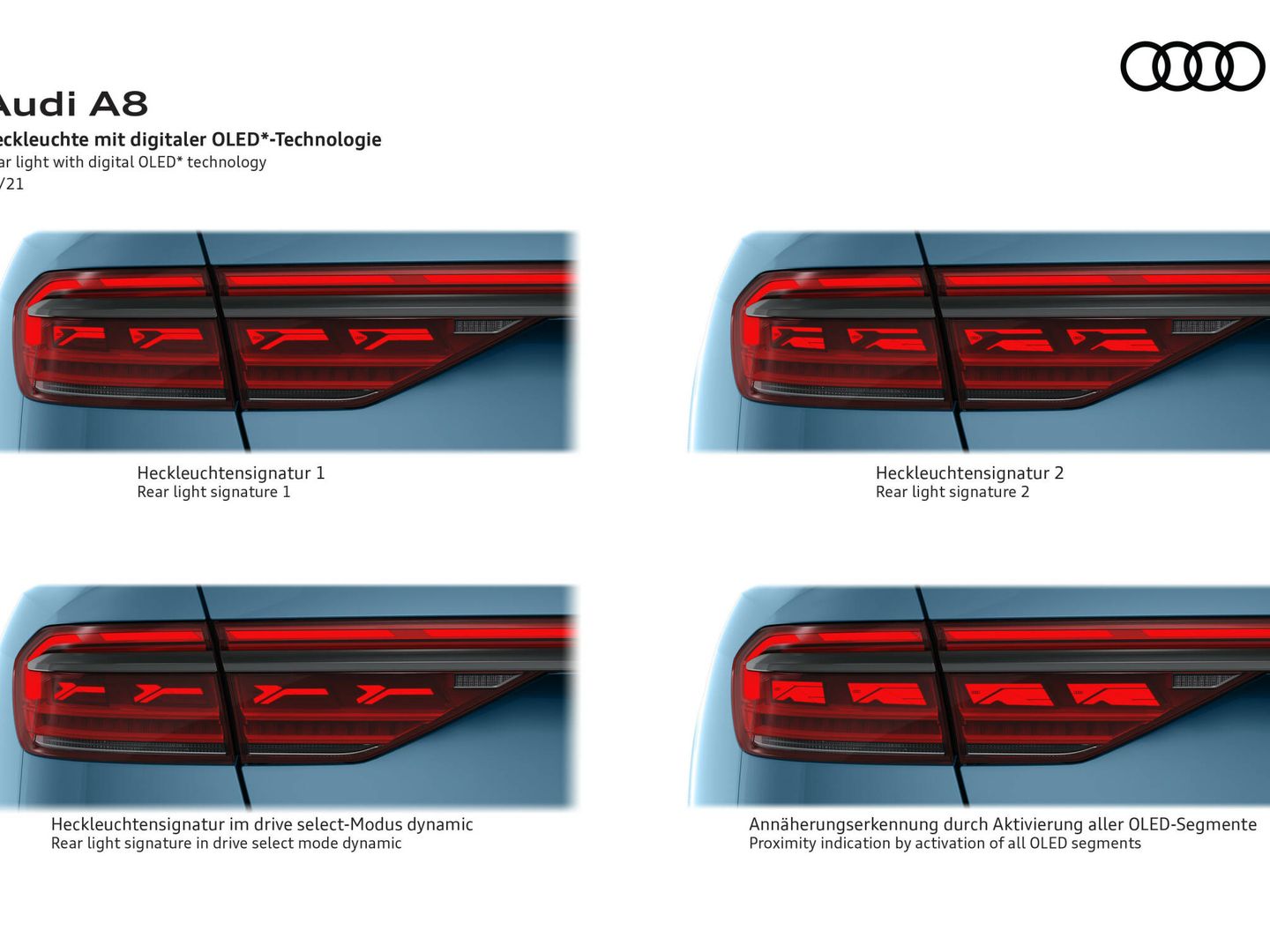El cliente puede elegir la firma luminosa de las ópticas traseras OLED, y en modo Dynamic adoptan un diseño especial. Además, si un vehículo se acerca mucho por detrás cuando estamos parados, se encienden todas las secciones de luz.