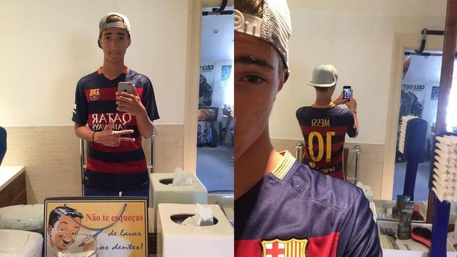 Foto: Dos imágenes del hijo de Mourinho posando con la camiseta de Messi (FOTO: Twitter).