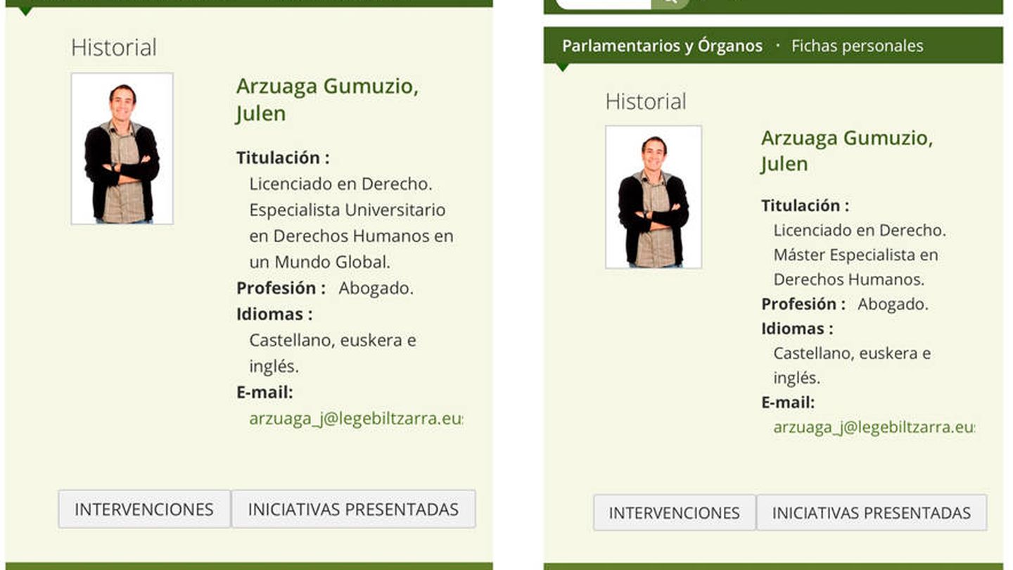 A la izquierda, el actual currículo de Arzuaga en la web del Parlamento vasco. A la derecha, el de hace apenas unos días. 