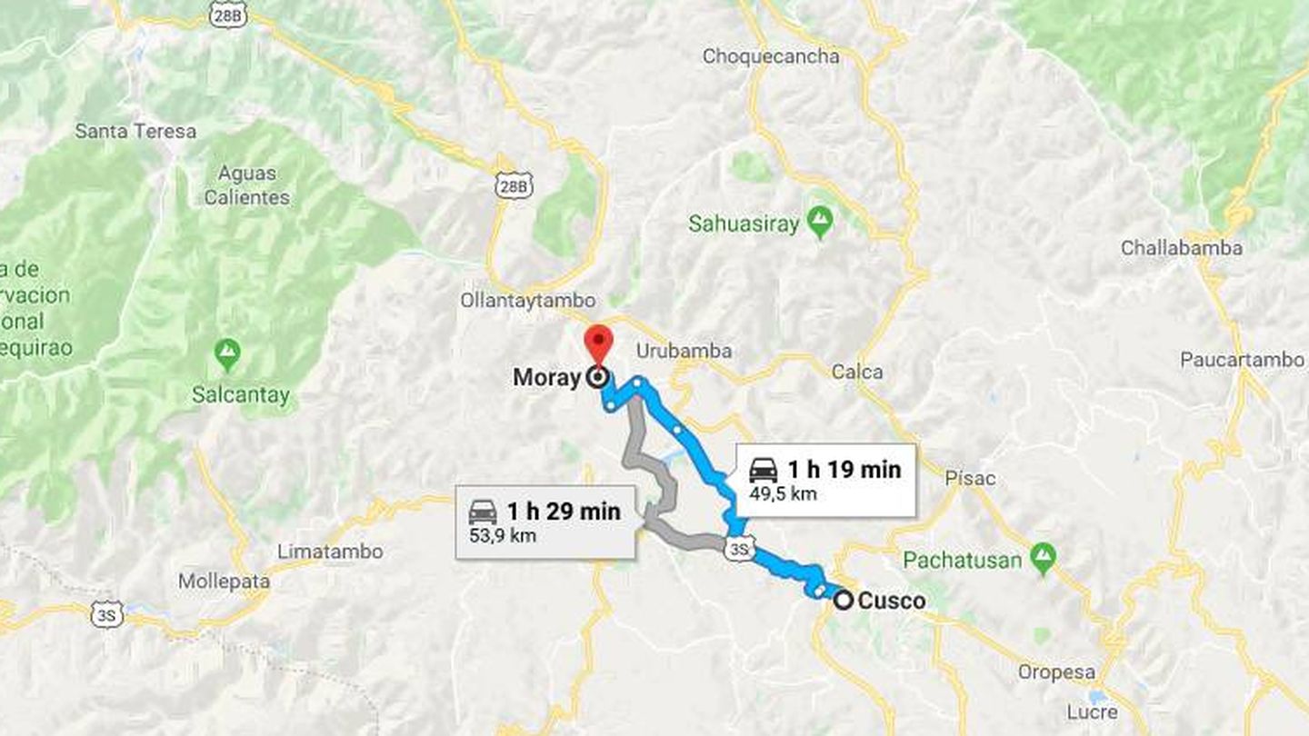 Camino que lleva de Cuzco a las ruinas de Moray. (Google Maps)
