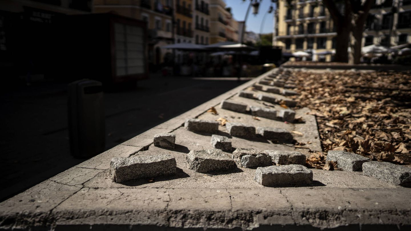Piedras colocadas en los parterres de la Plaza de Tirso de Molina de Madrid. (Olmo Calvo)