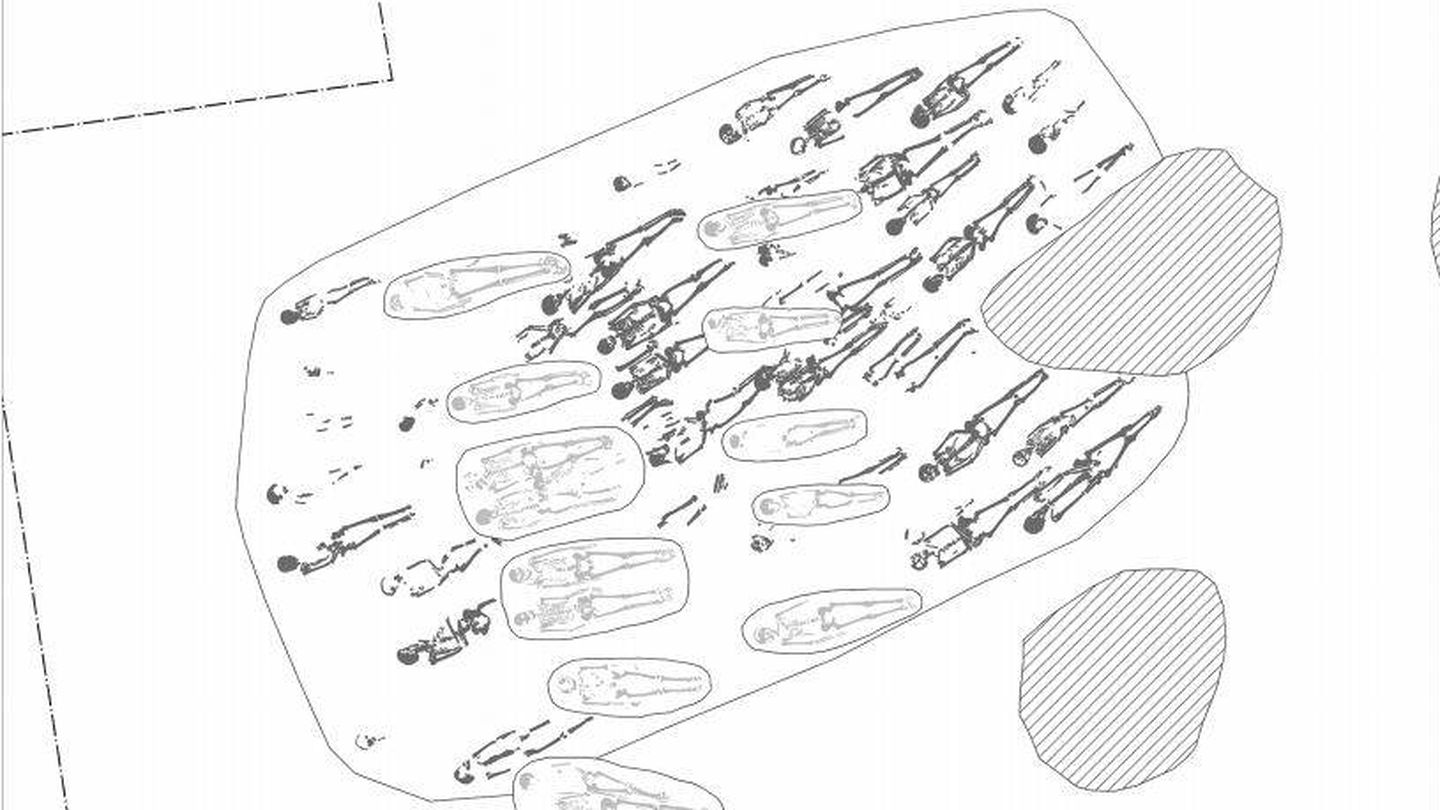 Plano de la fosa común en la que aparecieron los cuerpos. Foto: Universidad de Sheffield