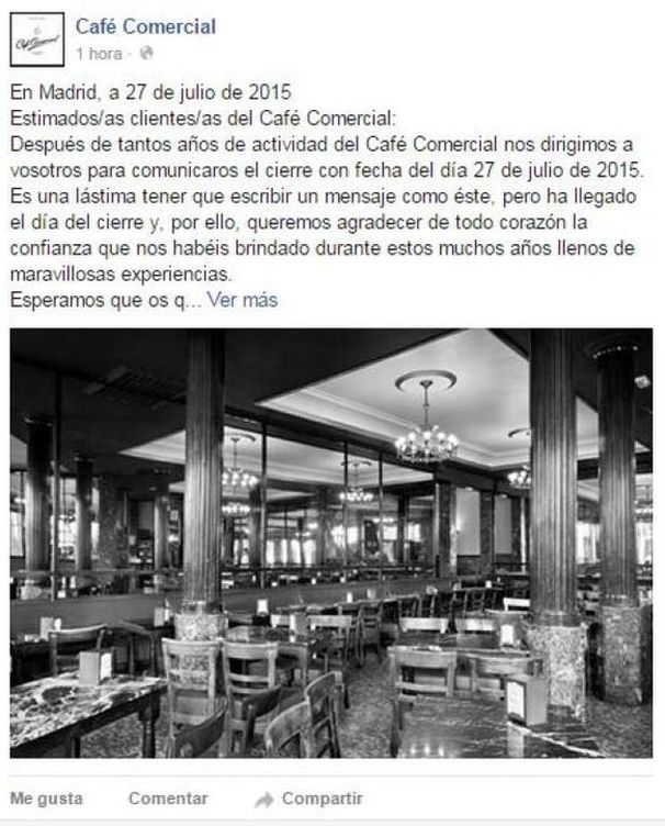 Publicación de los propietarios del Café Comercial en Facebook.