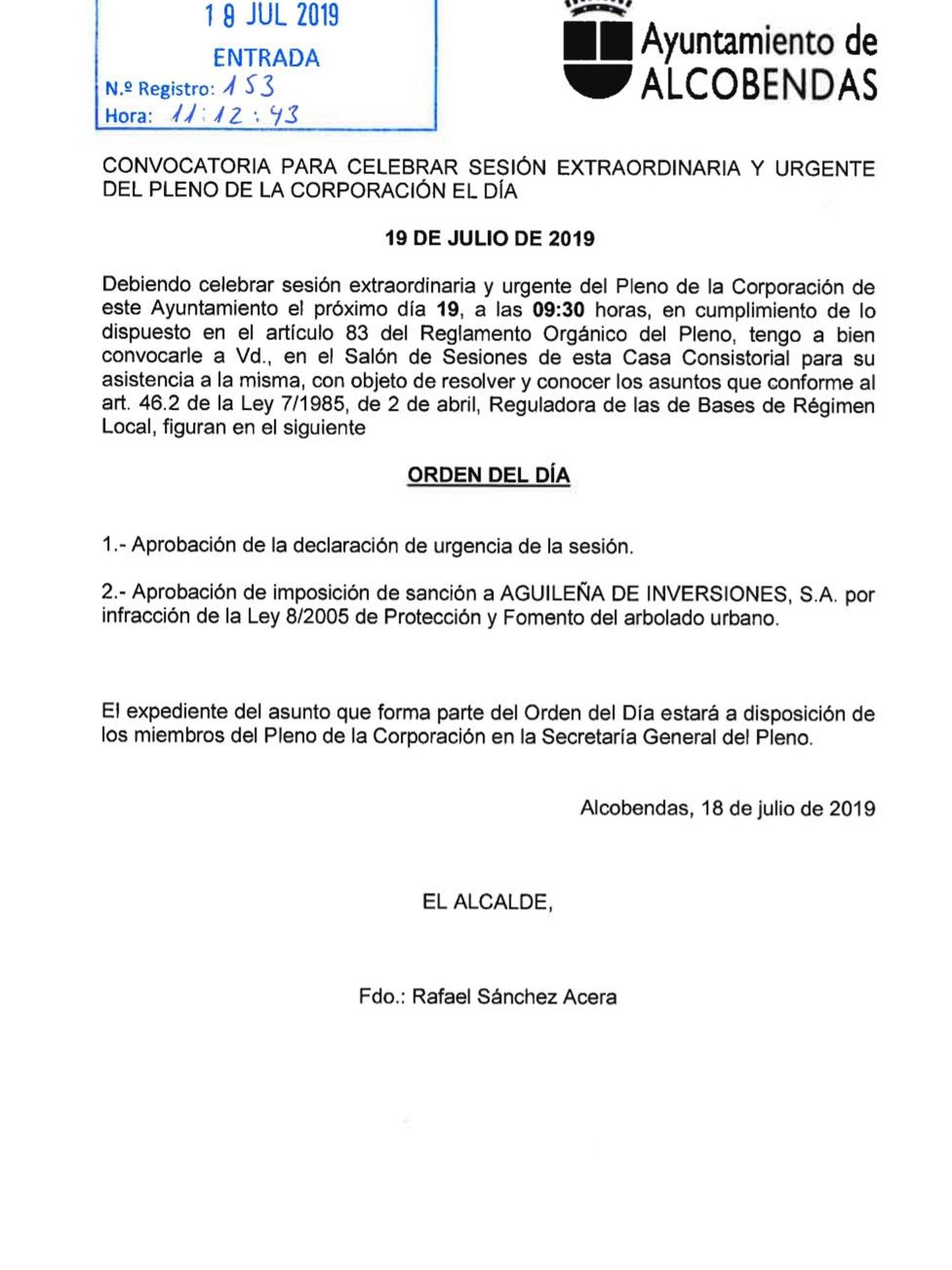 Documento del Ayuntamiento de Alcobendas en el que se cita el pleno. (Vanitatis)