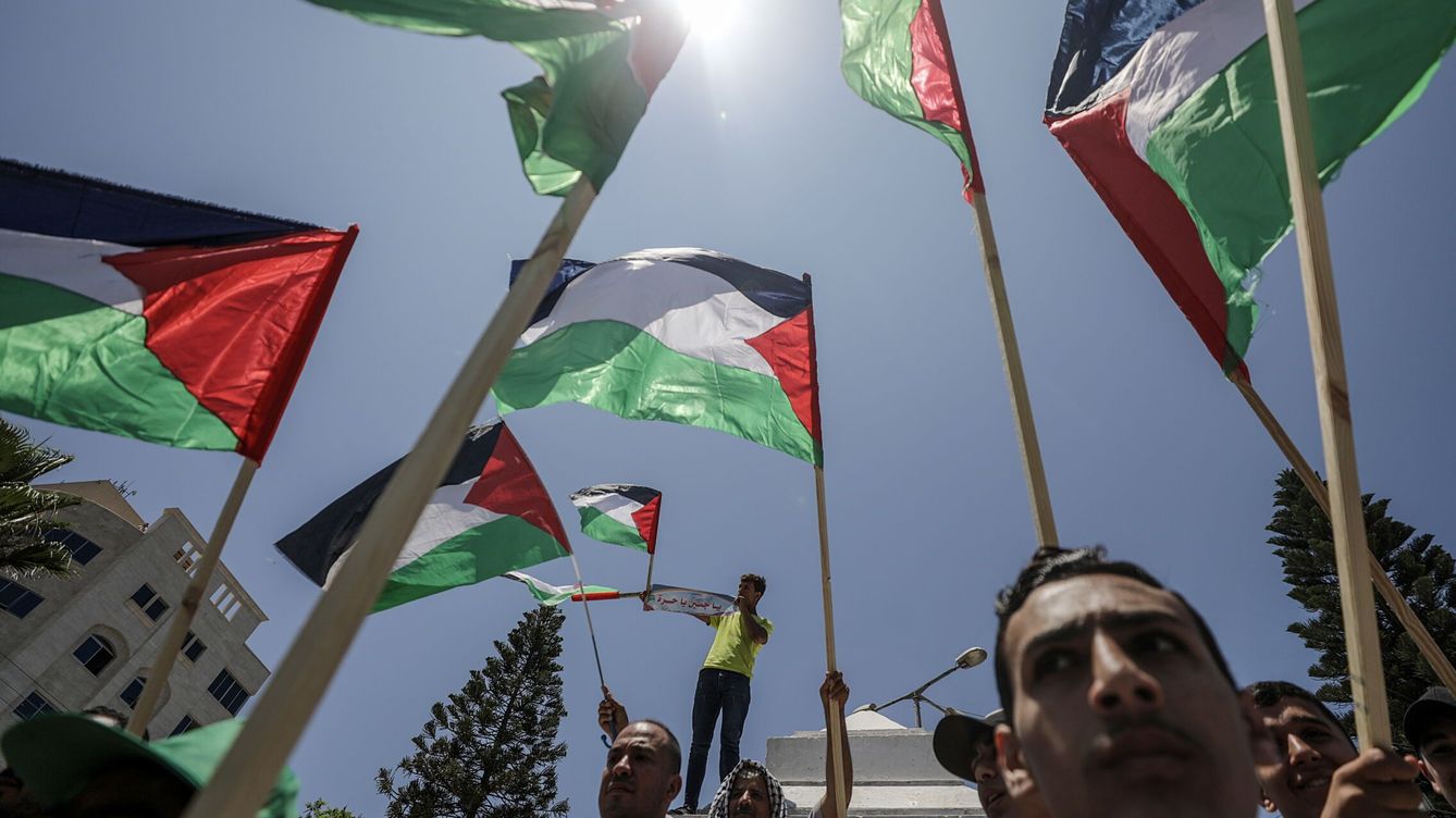Foto: Manifestantes ondean banderas palestinas. (EFE Mohammed Saber)