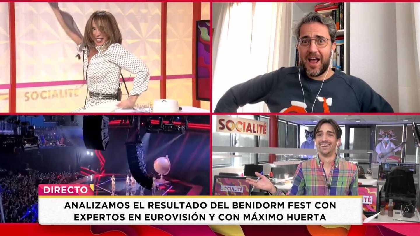 María Patiño, Máximo Huerta y Miguel Ángel Rech en 'Socilaité'. (Mediaset)