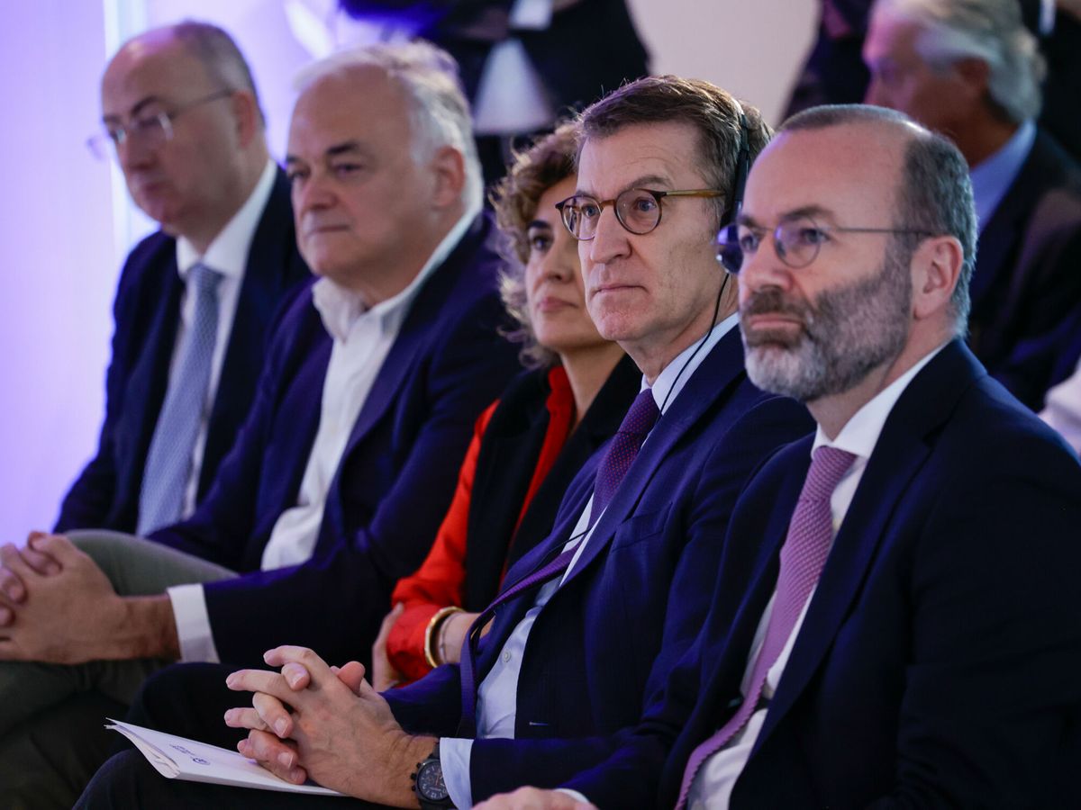 Foto: El presidente del PP, Alberto Núñez Feijóo, durante una conferencia del PP Europeo en Barcelona. (Kike Rincón/Europa Press)