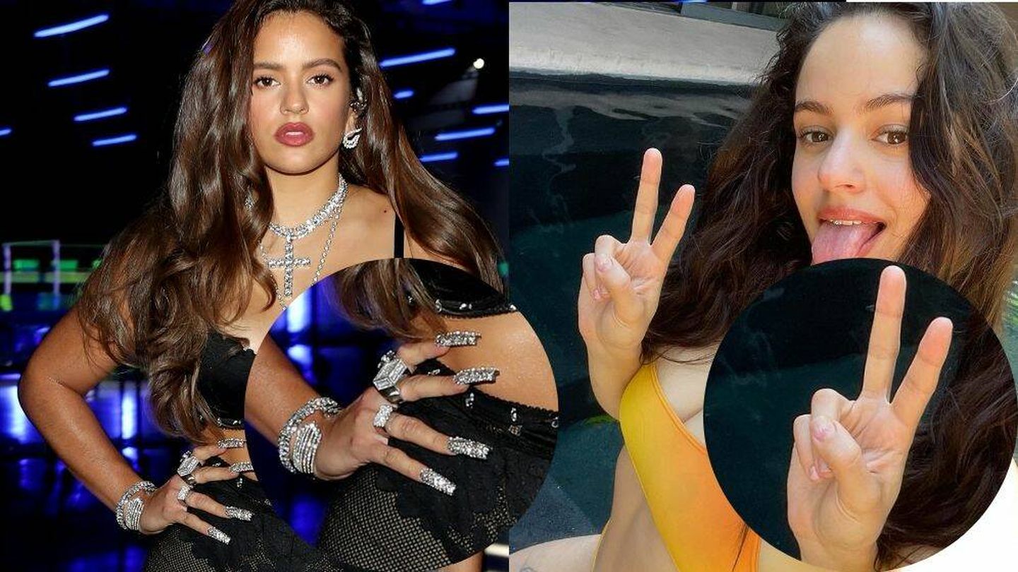 La manicura de Rosalía antes y después. (Getty/Instagram @larosalia)