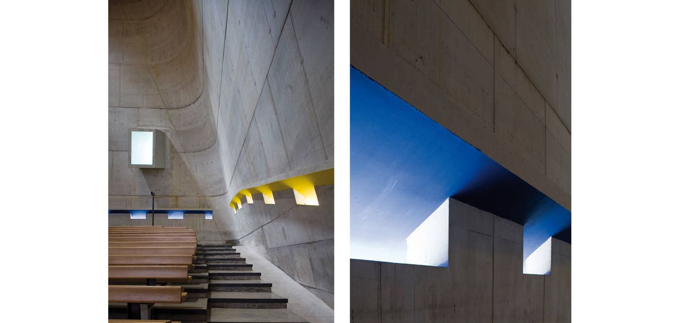 Dos rincones de la iglesia. Con el tiempo el auténtico valor del legado de Le Corbusier ha sido reconocido y la arquitectura pública en general ha tomado un protagonismo en la vida cultural de nuestra sociedad que él nunca podría haber imaginado. 