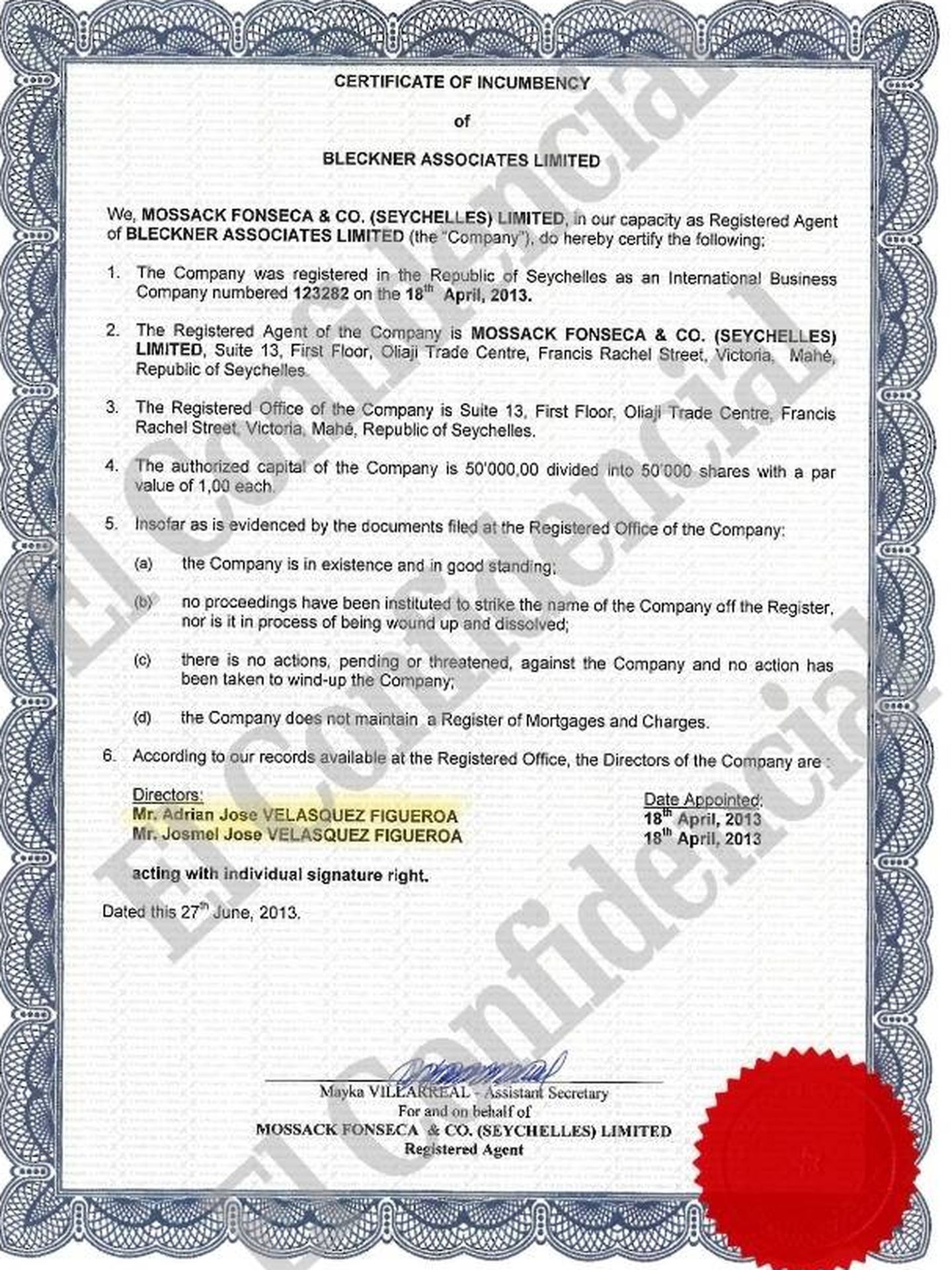 Constitución de Bleckner Associates en Seychelles por Mossack Fonseca.